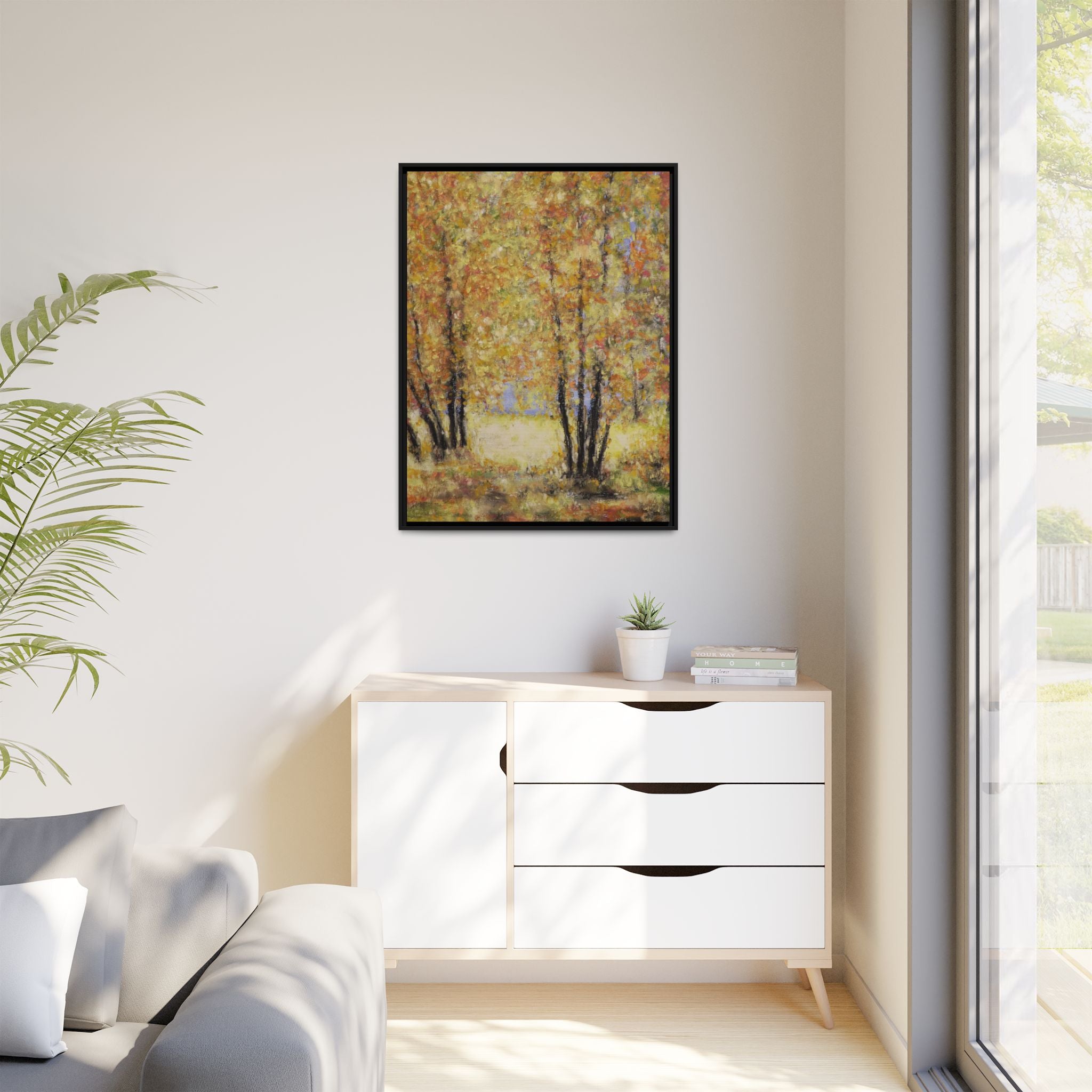 Framed Matte Canvas Autumn Forest Wall Art — Golden Trees Landscape Print