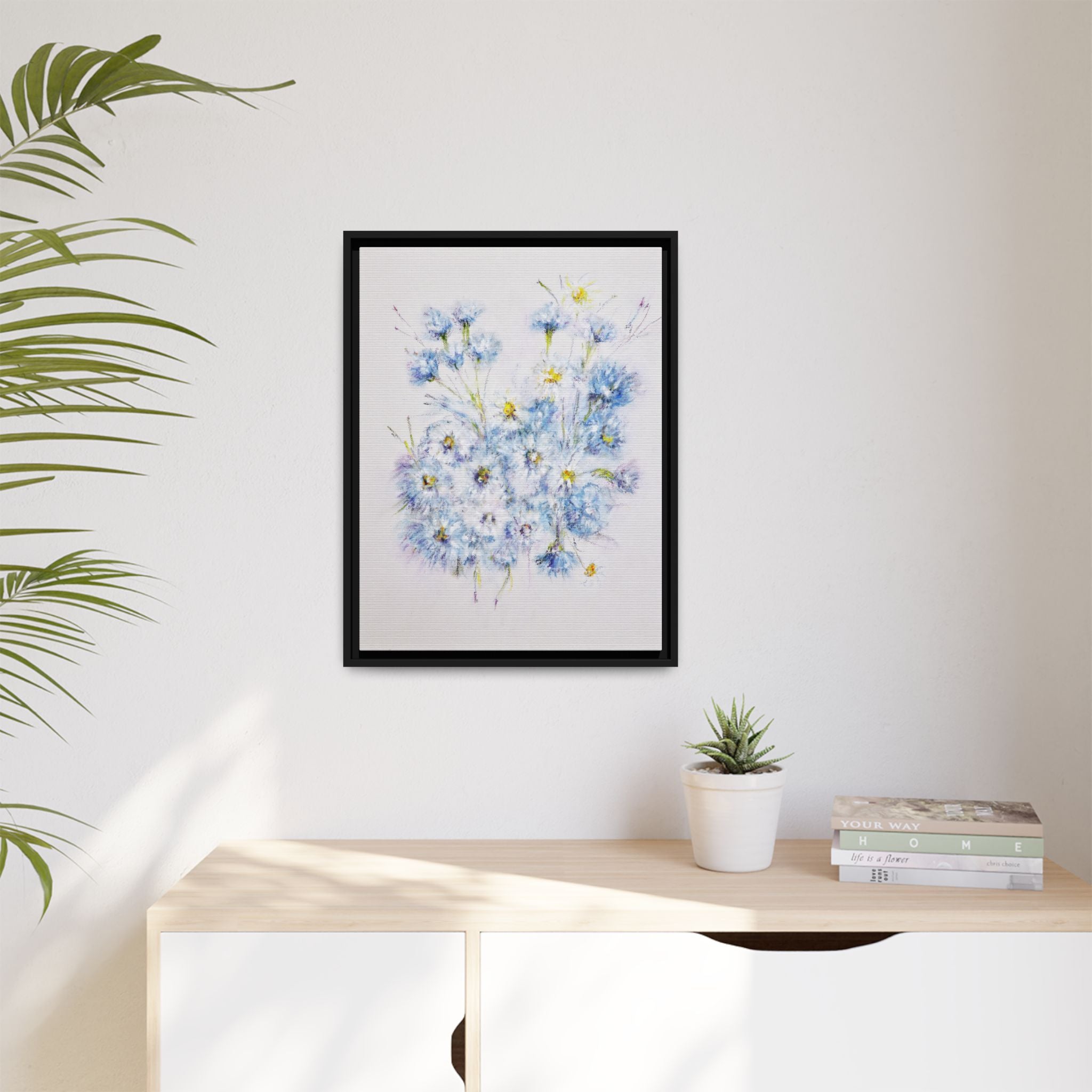 Blue Wildflower Watercolor Canvas Print — Framed Matte Wall Art
