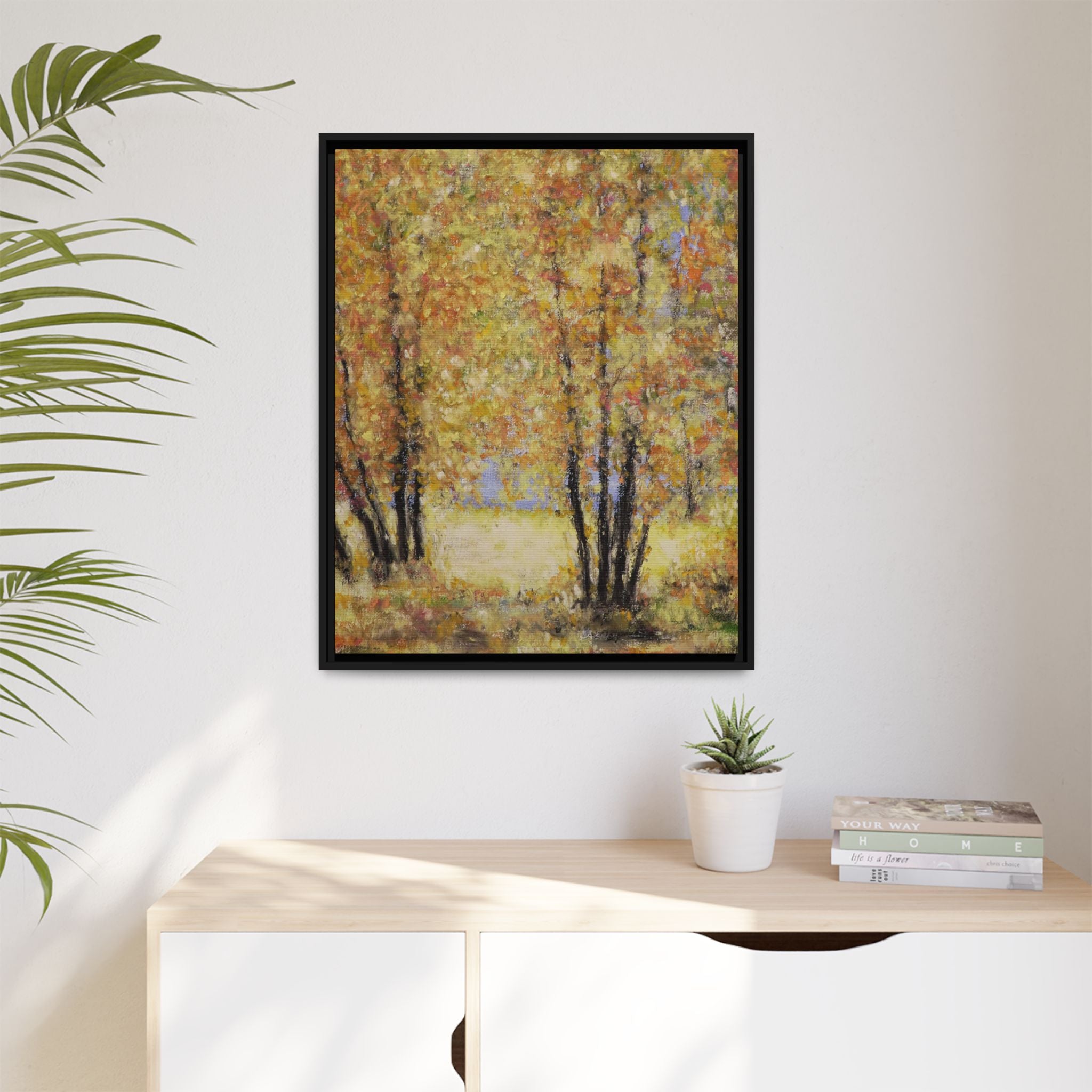 Framed Matte Canvas Autumn Forest Wall Art — Golden Trees Landscape Print