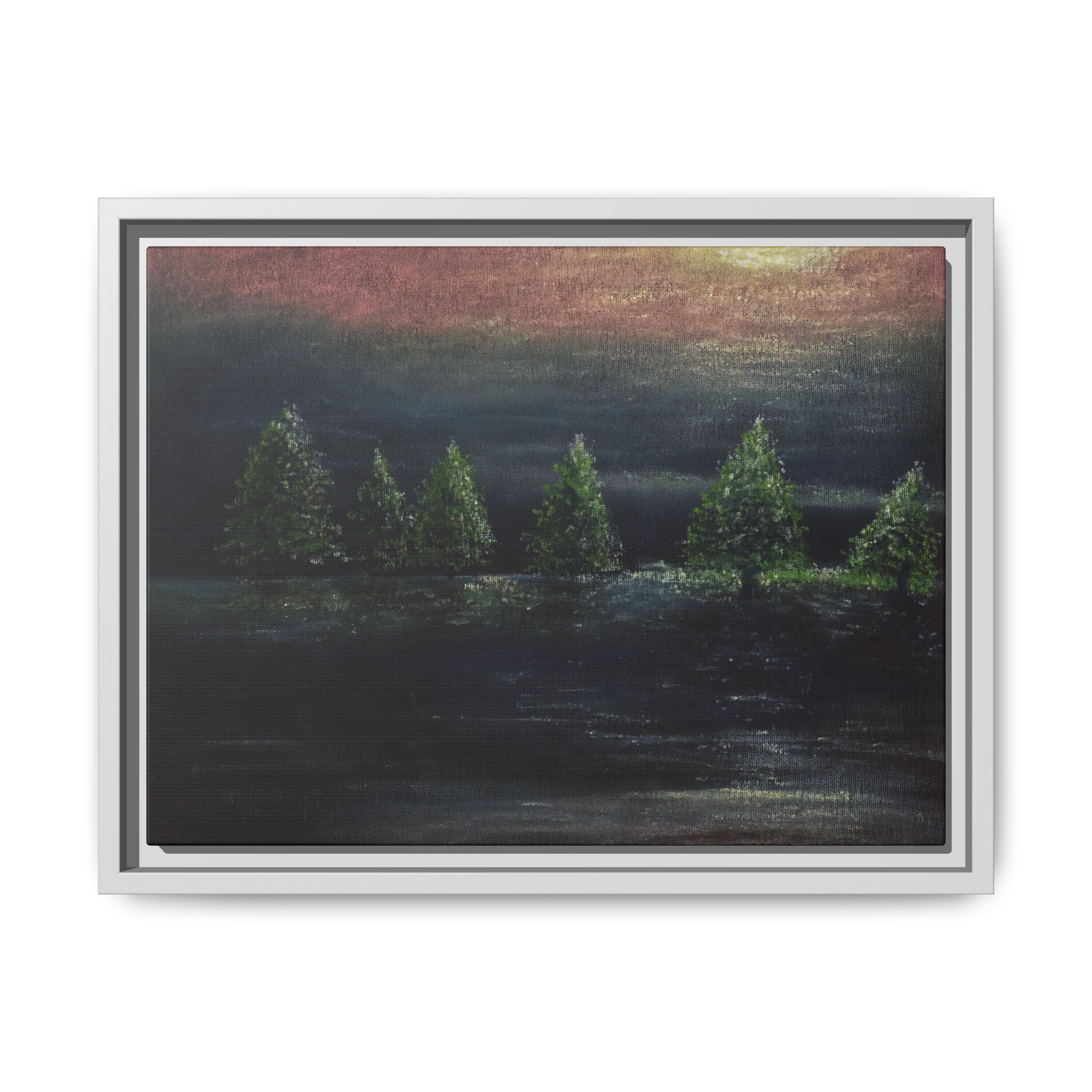 Framed Matte Canvas Wall Art — Moonlit Pine Trees Landscape