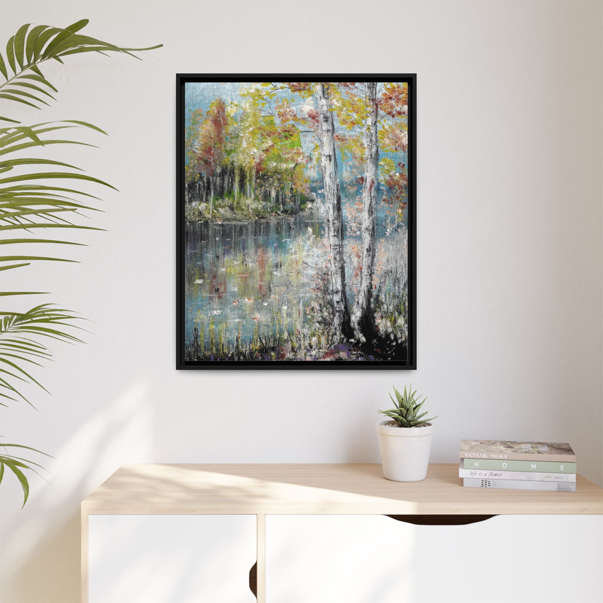 Framed Matte Canvas-Trees by the Lake
