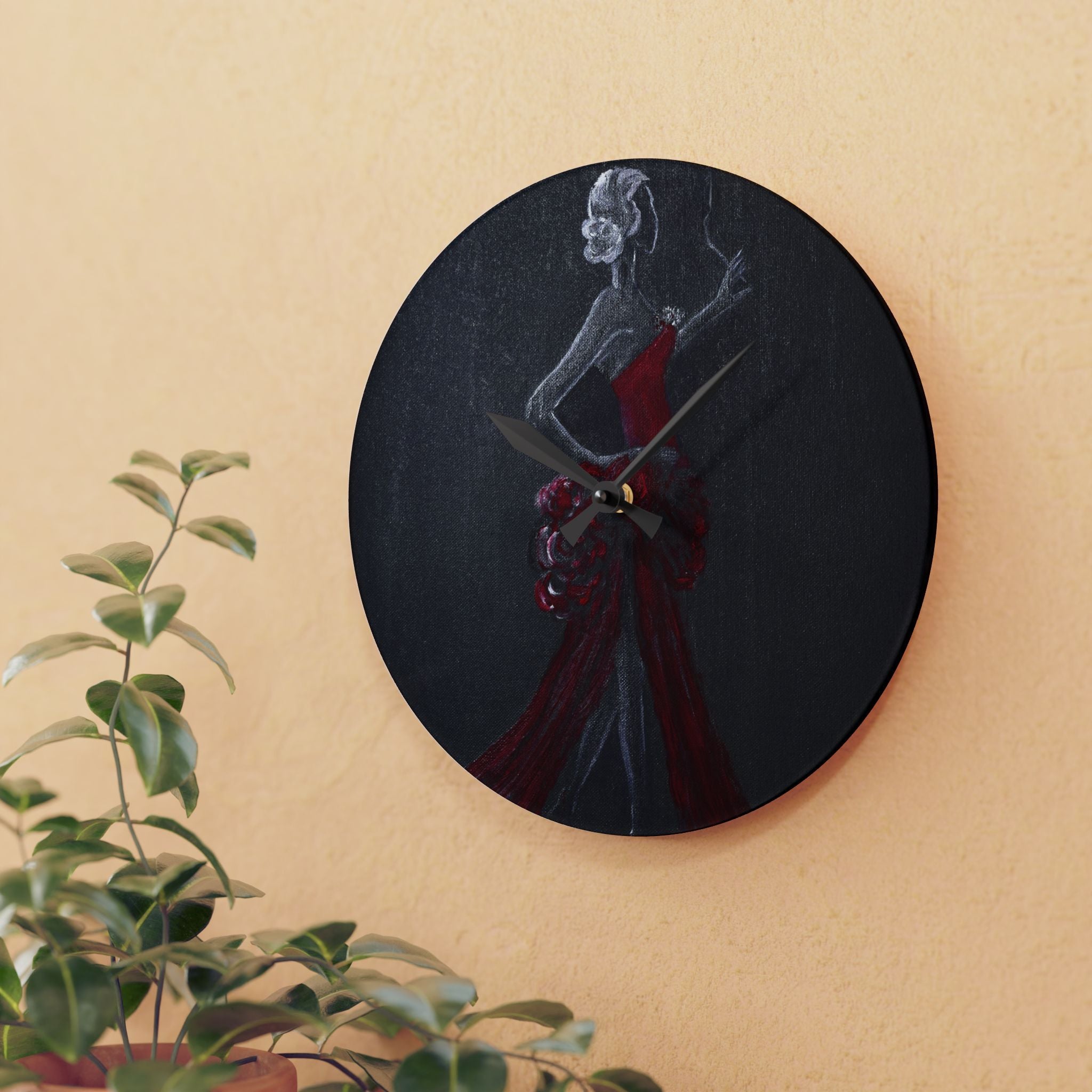 Acrylic Wall Clock — Elegant Woman in Red Dress Art
