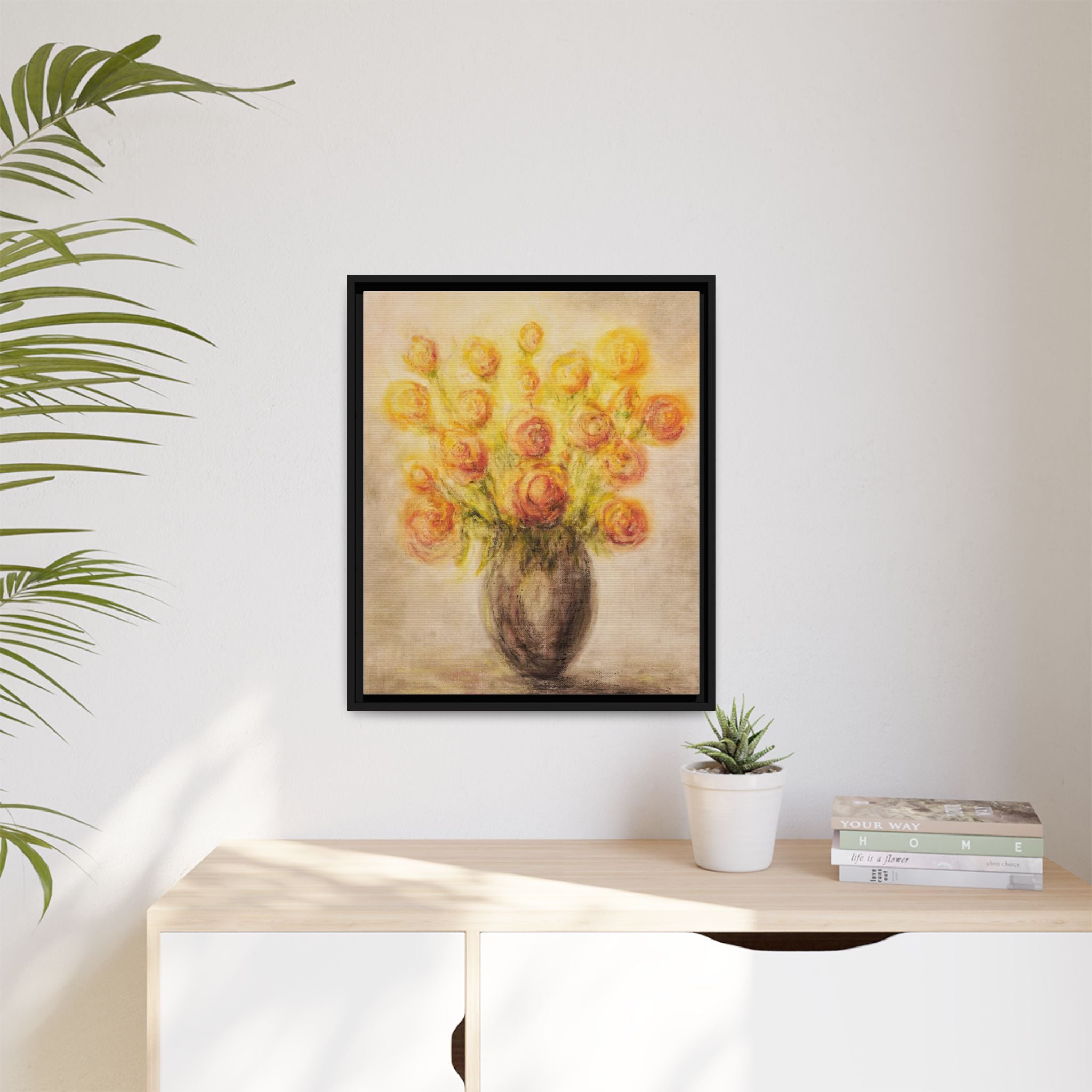 Framed Matte Canvas Floral Bouquet Wall Art — Yellow Rose Vase Print