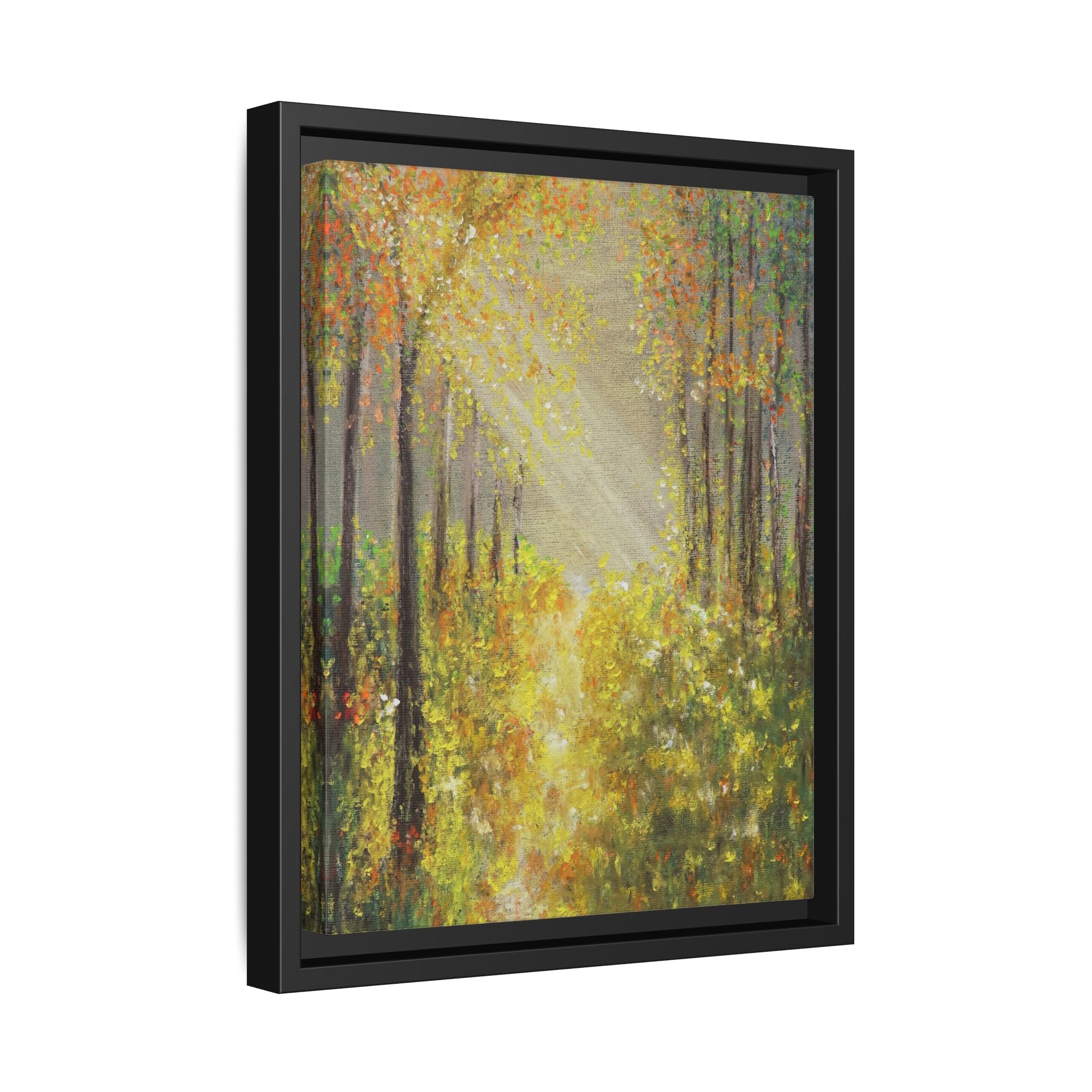 Sunlit Forest Path Framed Canvas Art — Autumn Woodland Wall Decor