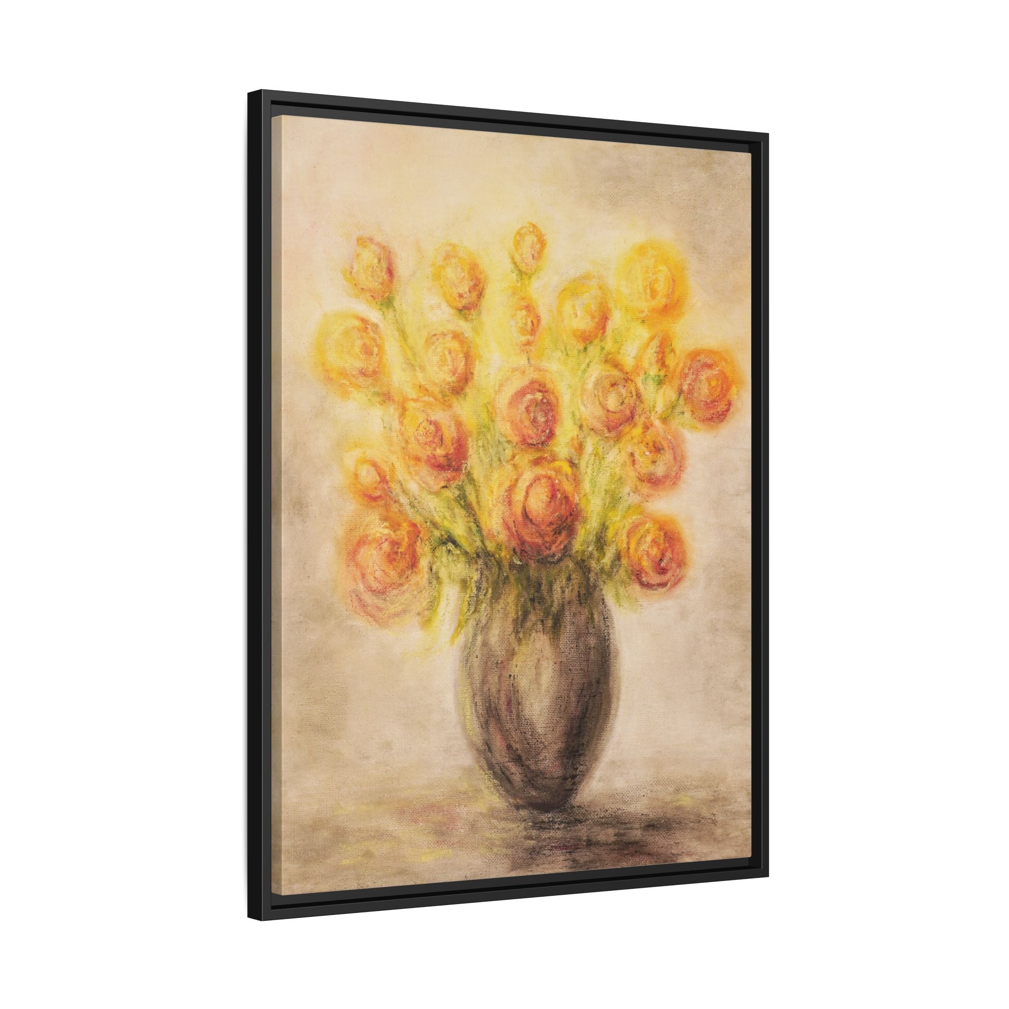 Framed Matte Canvas Floral Bouquet Wall Art — Yellow Rose Vase Print