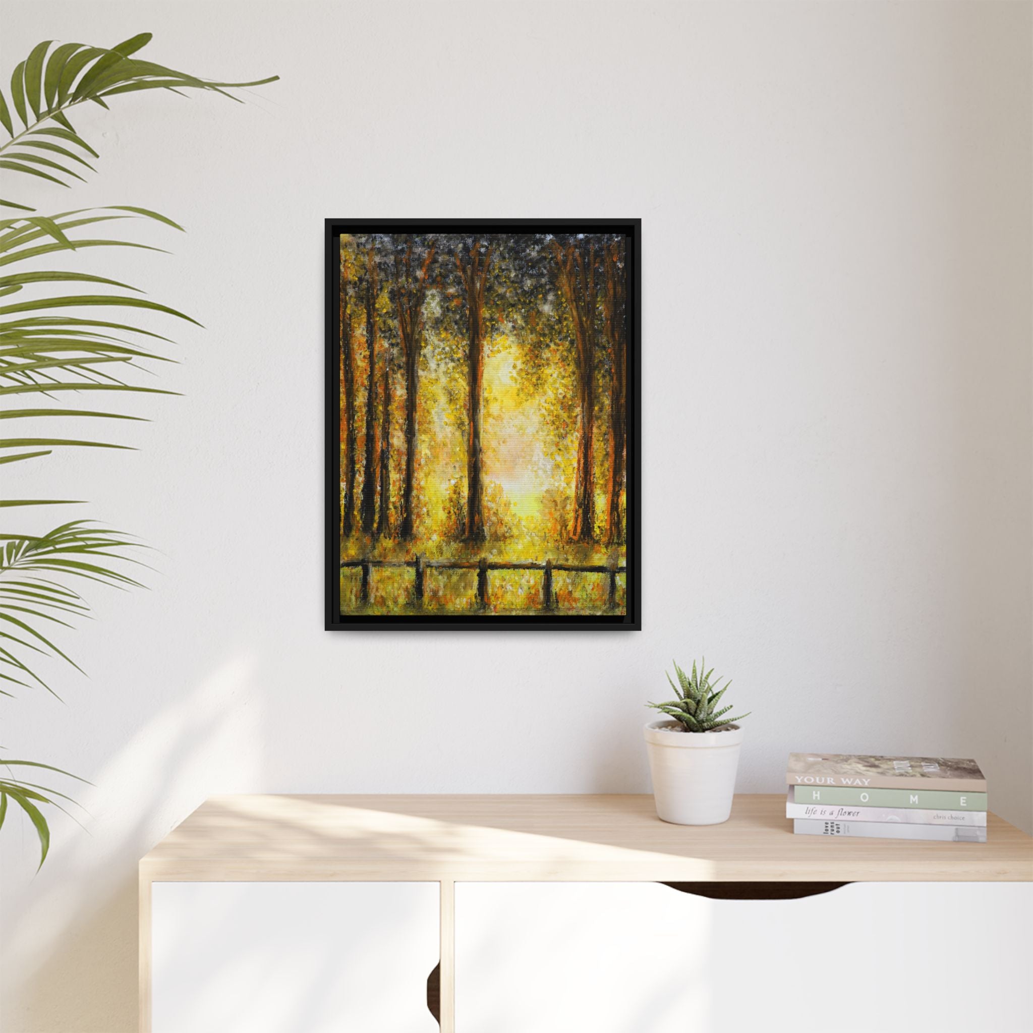 Framed Matte Canvas Art – Golden Forest Sunrise Landscape