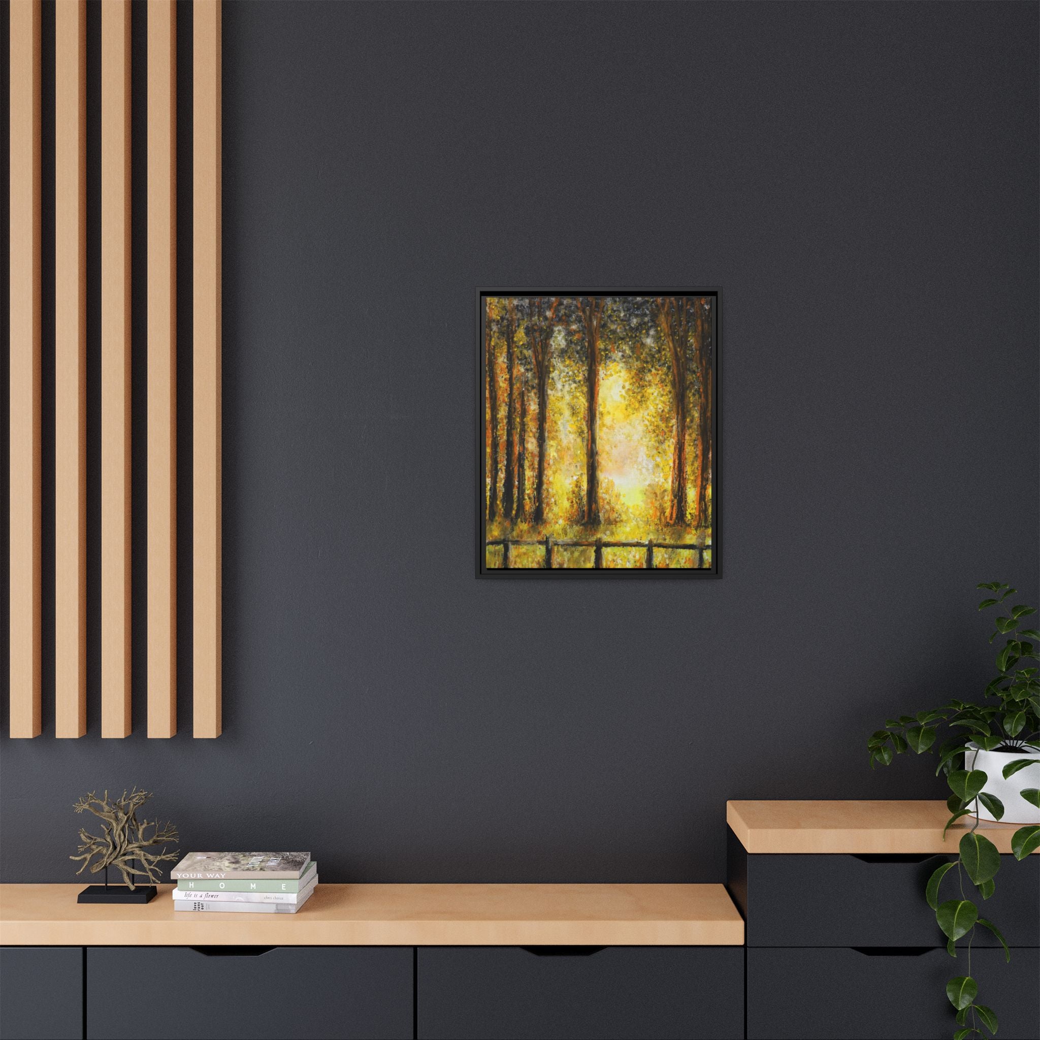 Framed Matte Canvas Art – Golden Forest Sunrise Landscape