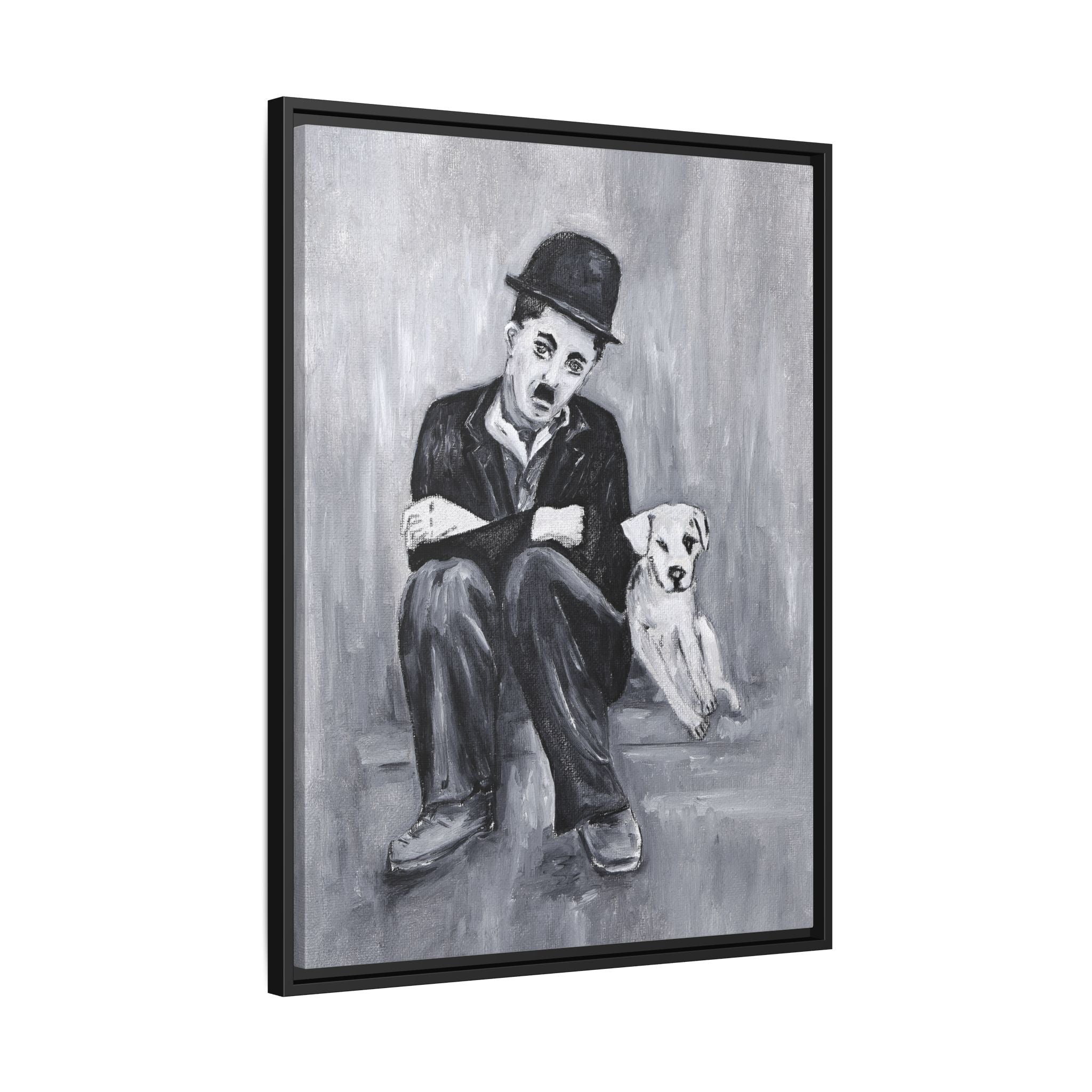 Charlie Chaplin & Dog Matte Framed Canvas Print — Vintage Black & White Wall Art