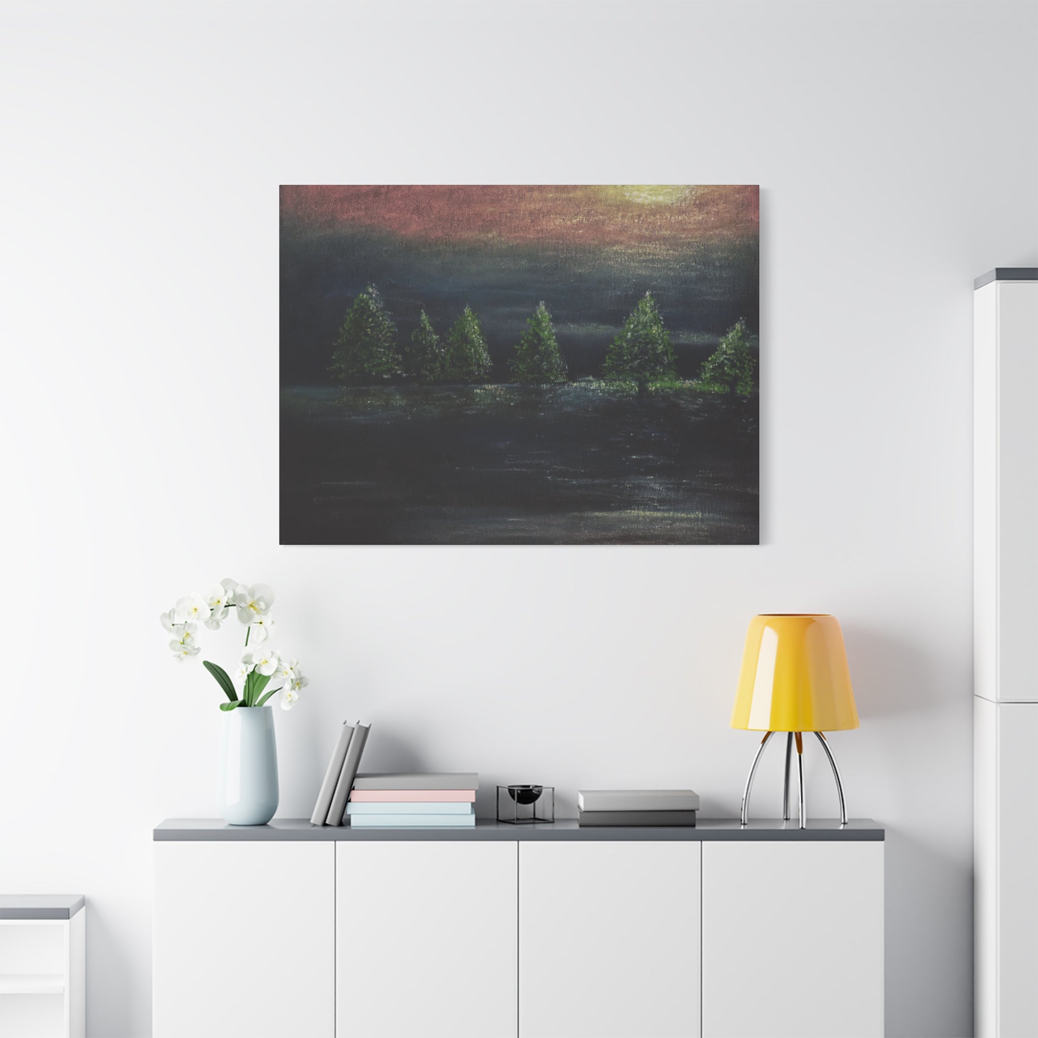 Moonlit Pine Trees Matte Canvas Wall Art — Stretched Nature Landscape Painting