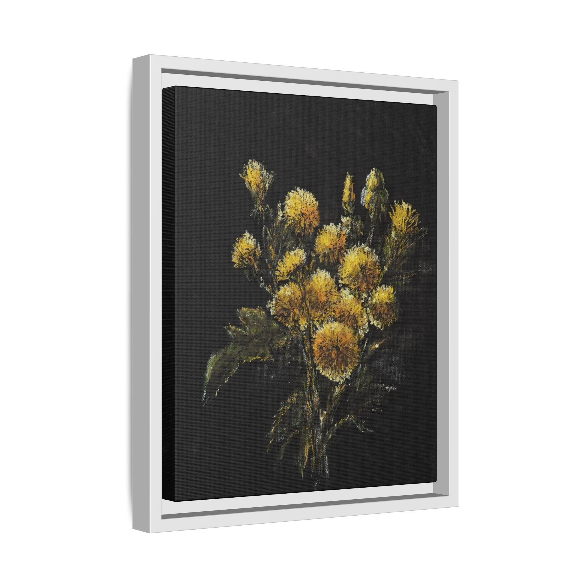 Framed Matte Canvas Print — Yellow Wildflower Bouquet on Black (Botanical Wall Art)