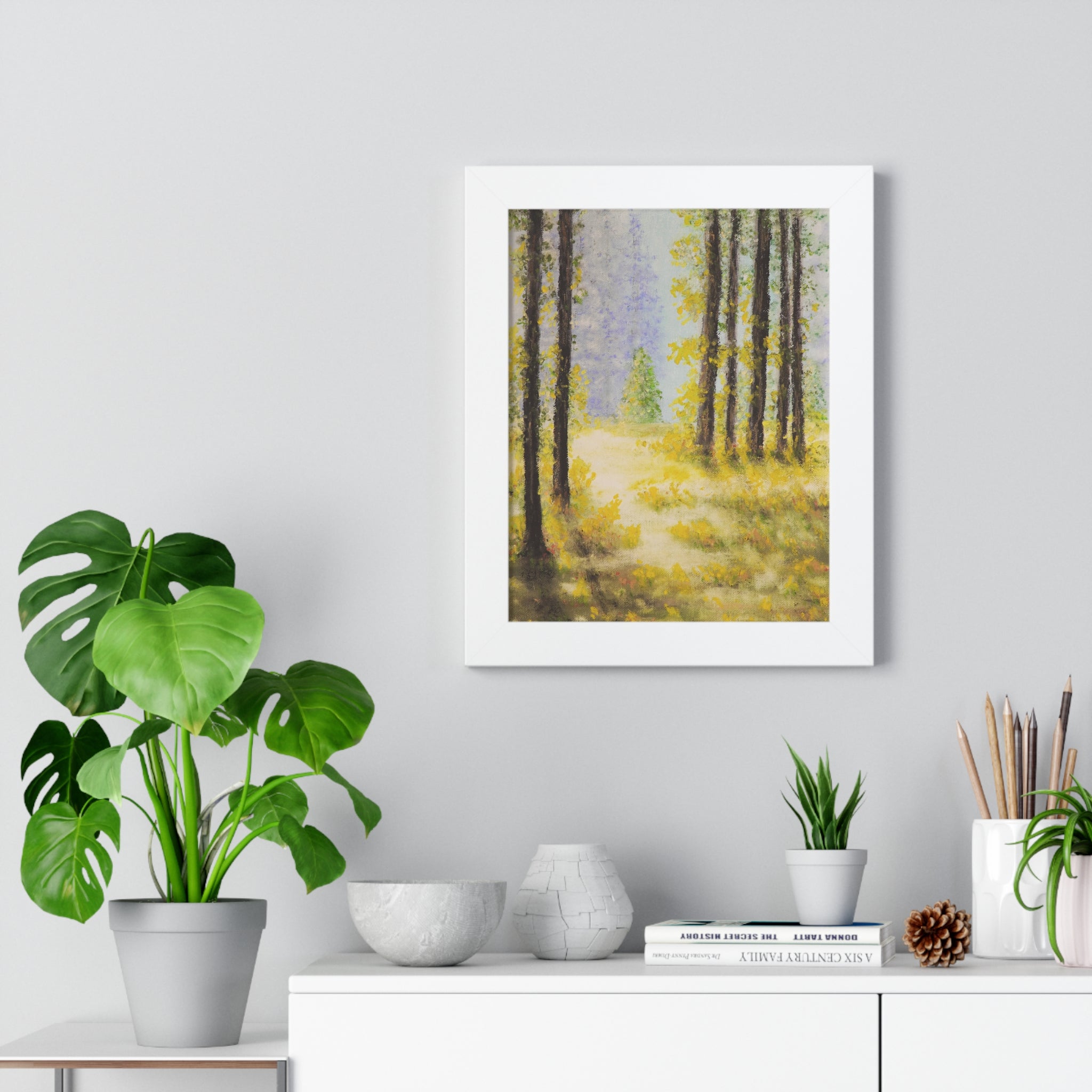 Framed Poster — Serene Sunlit Forest Painting