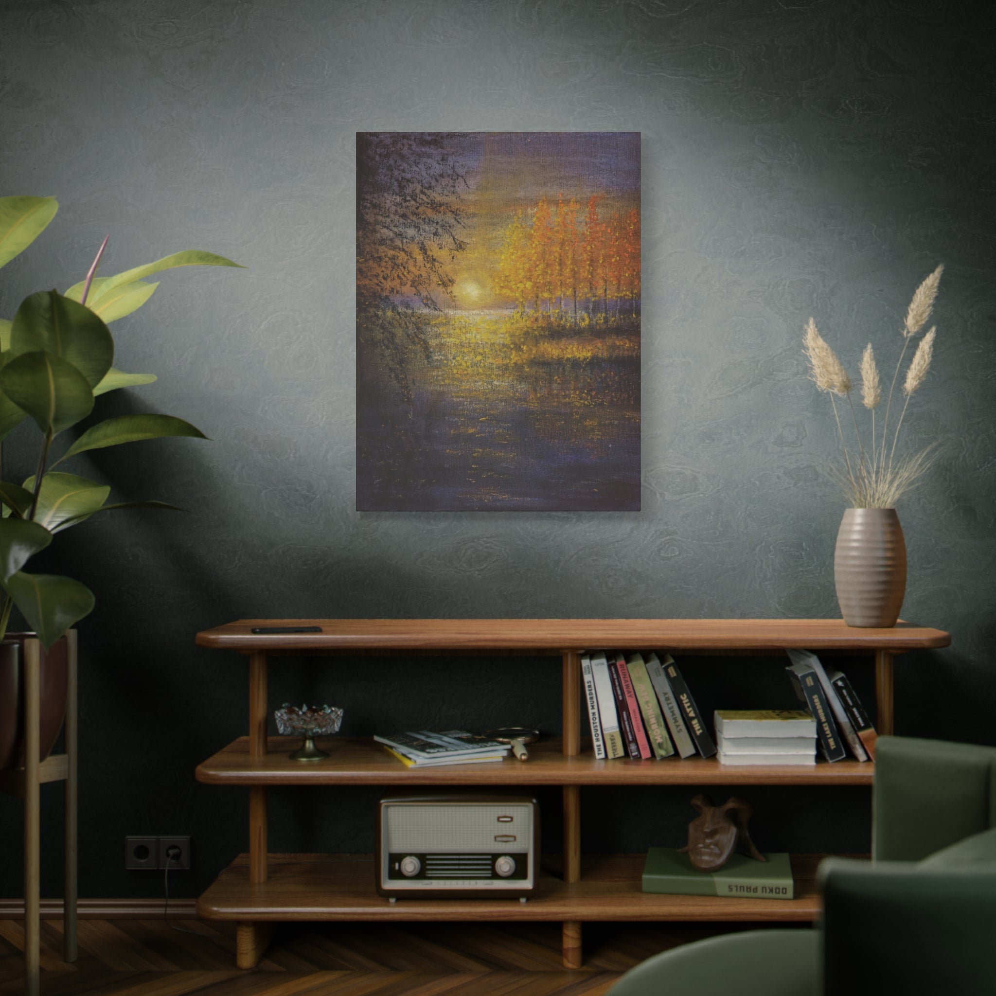 Autumn Sunset Canvas Wall Art — Golden Trees Over Tranquil Lake