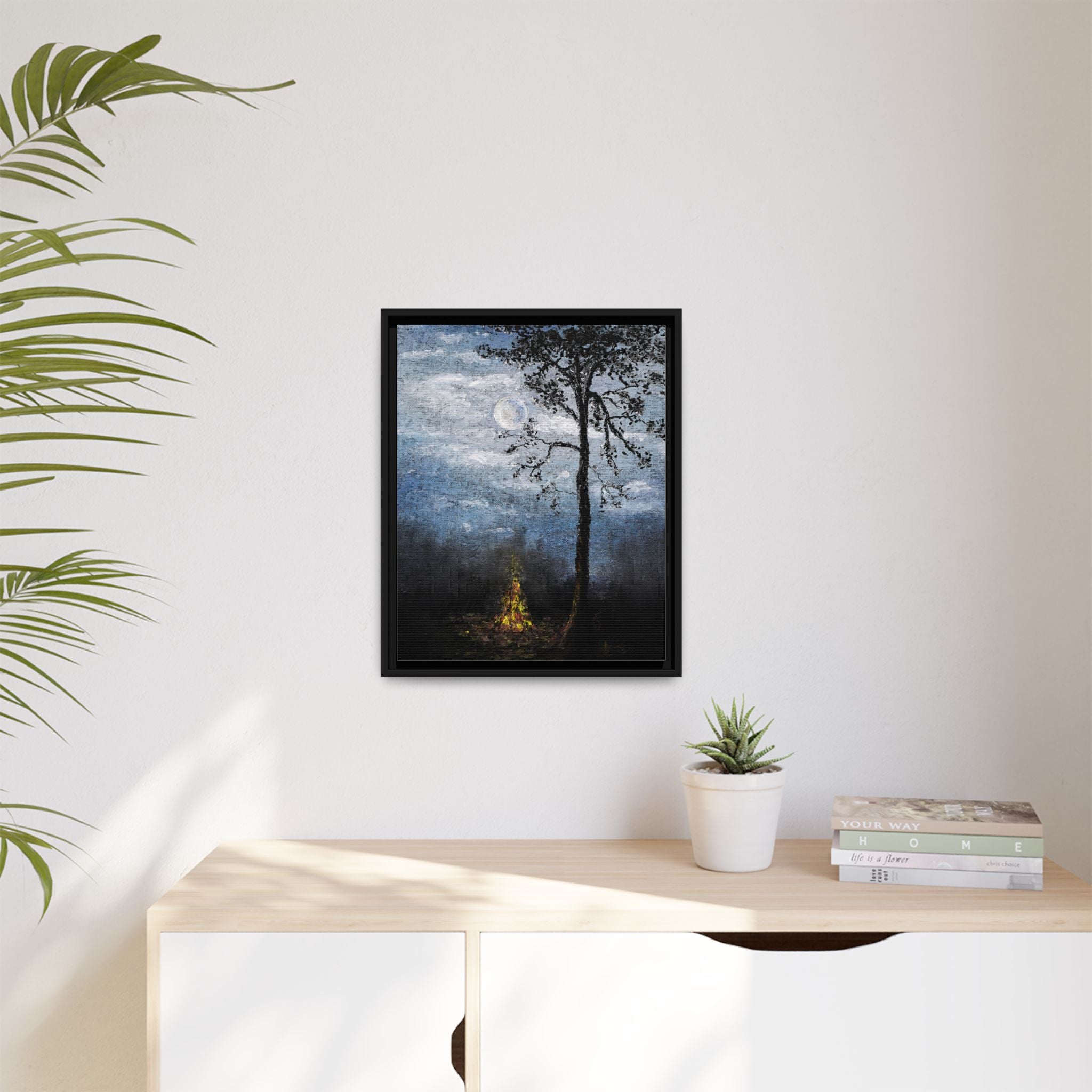 Framed Matte Canvas Print — Moonlit Campfire Landscape
