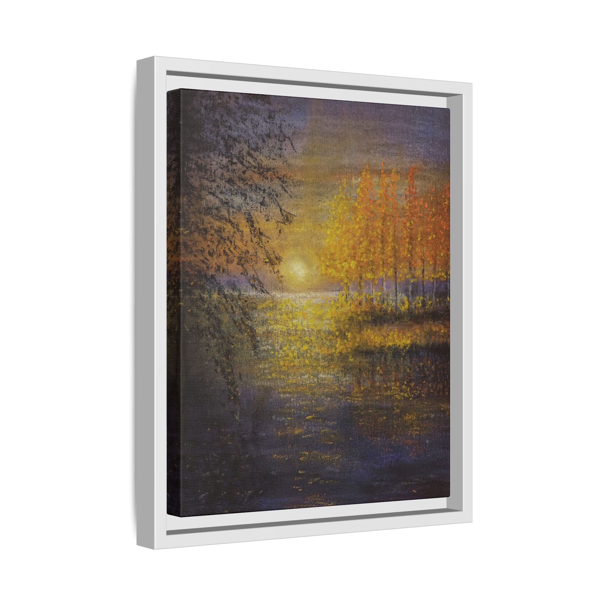 Framed Matte Canvas Painting - Golden Trees Over Tranquil Lake