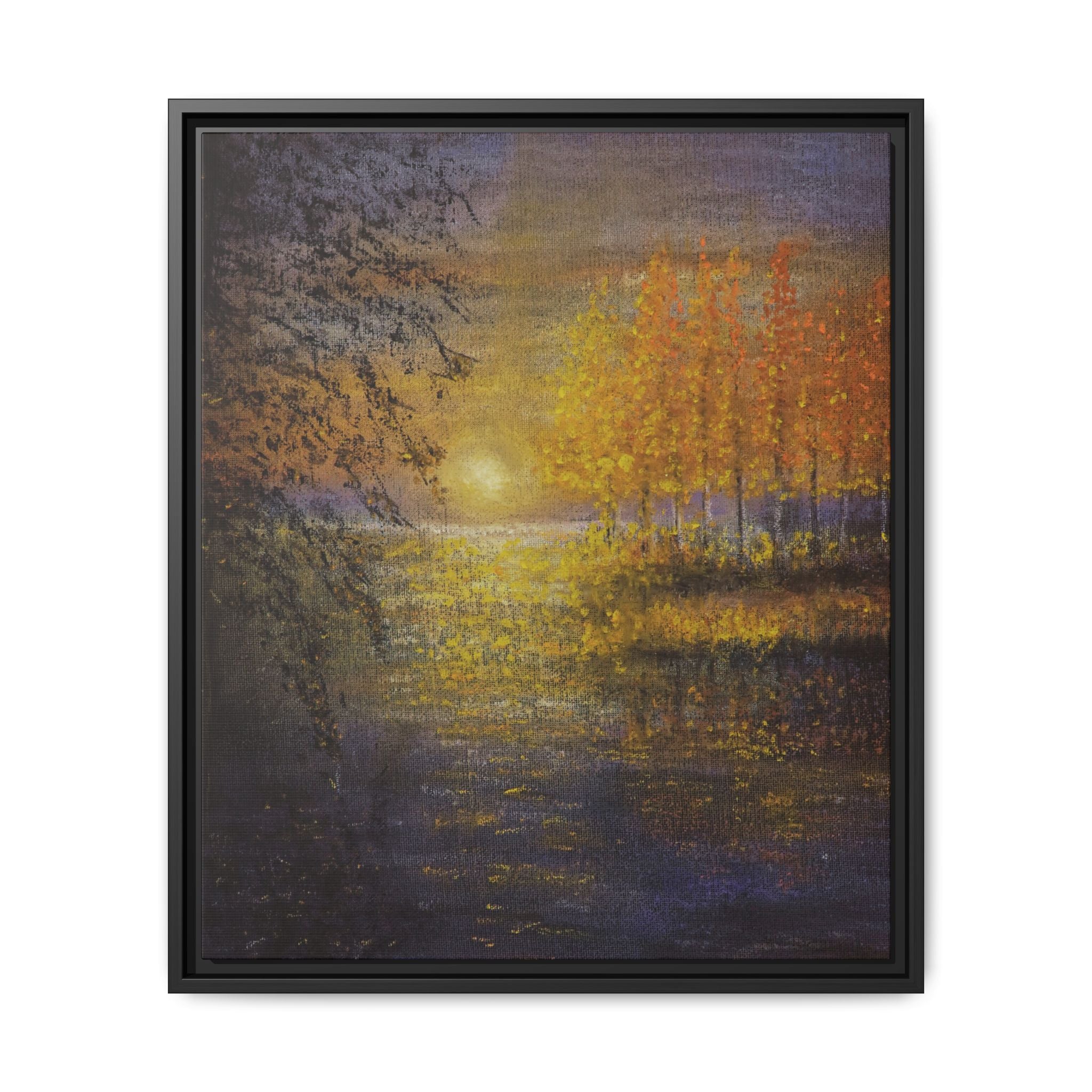 Framed Matte Canvas Painting - Golden Trees Over Tranquil Lake