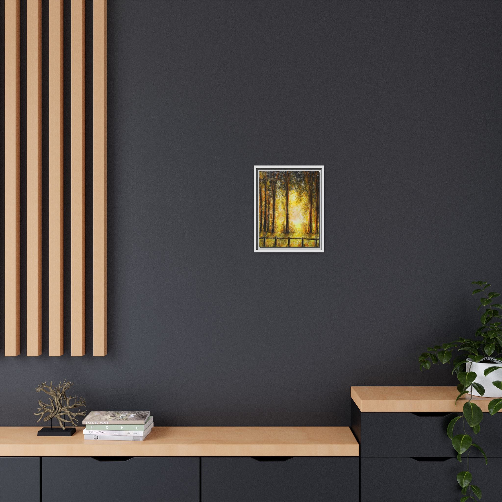 Framed Matte Canvas Art – Golden Forest Sunrise Landscape