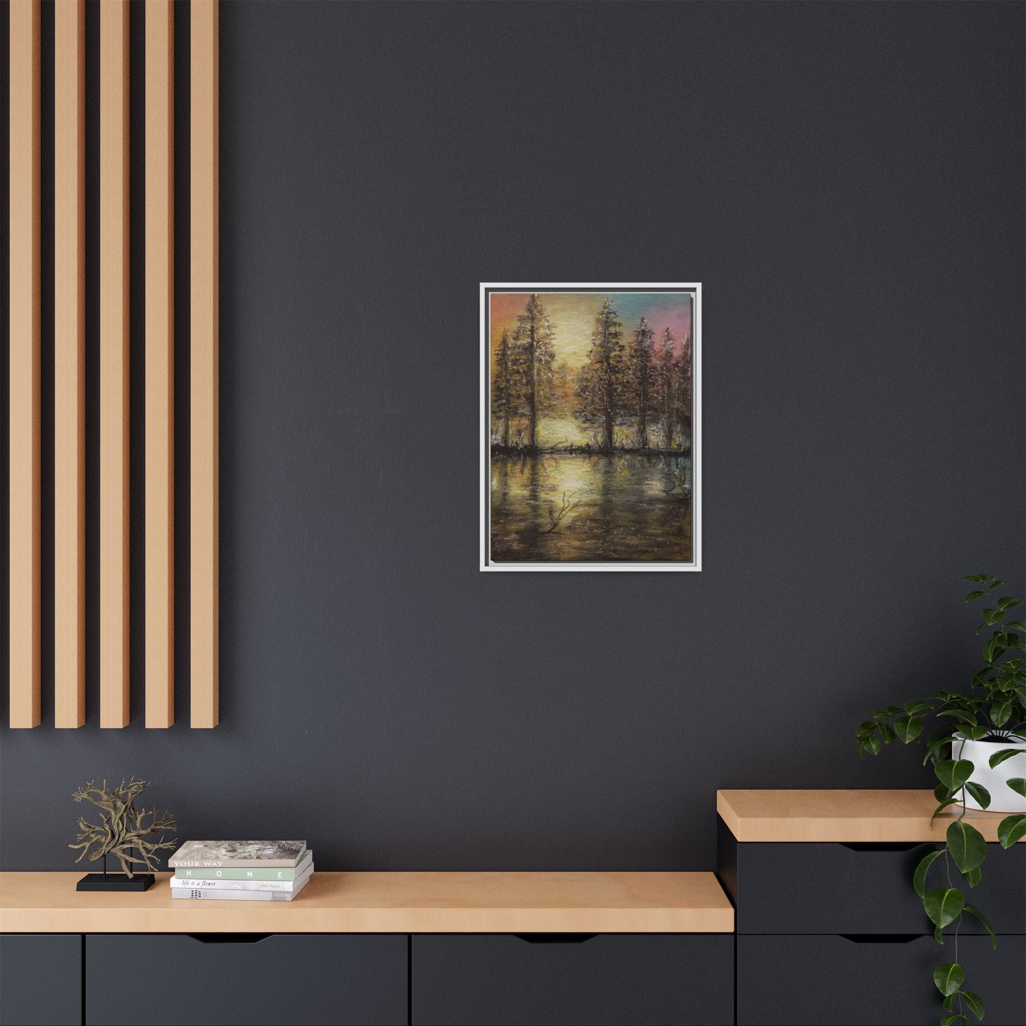 Framed Matte Canvas Wall Art — Sunset Forest Reflection