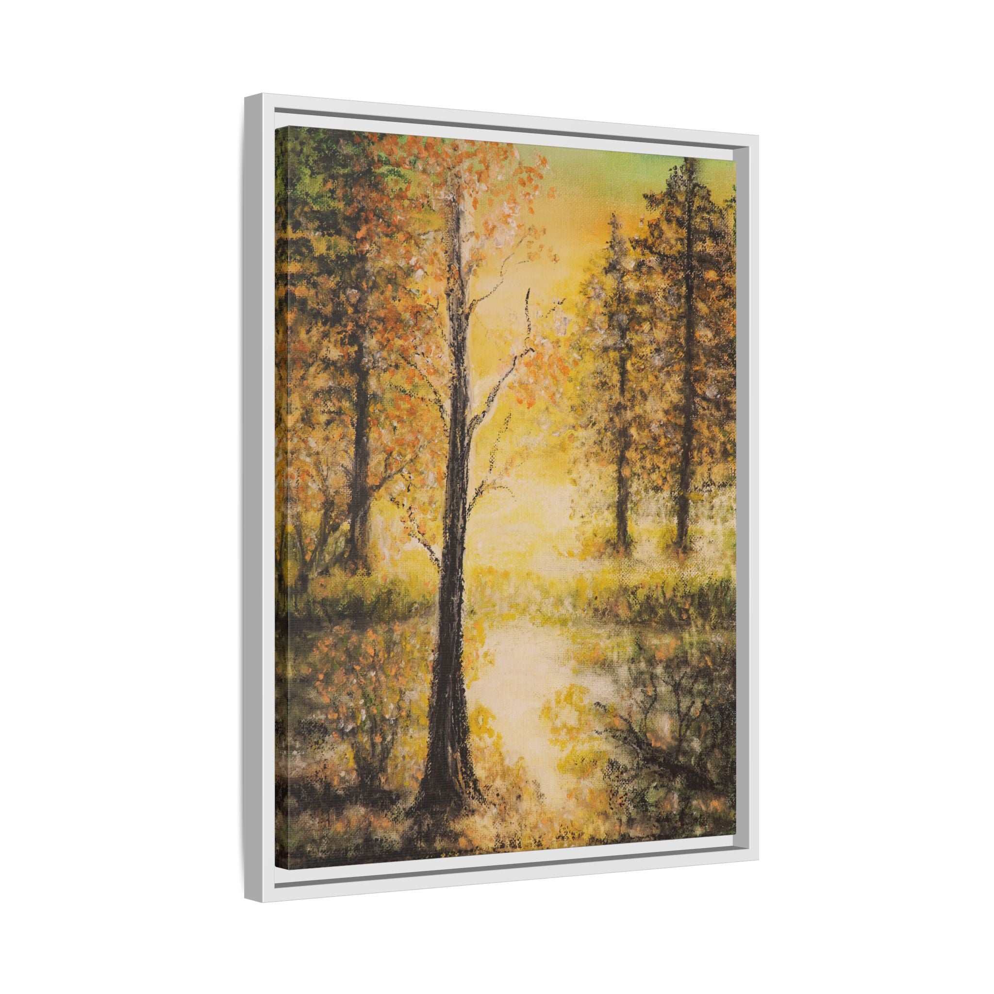 Framed Autumn Forest Canvas Print — Golden Lakeside Wall Art