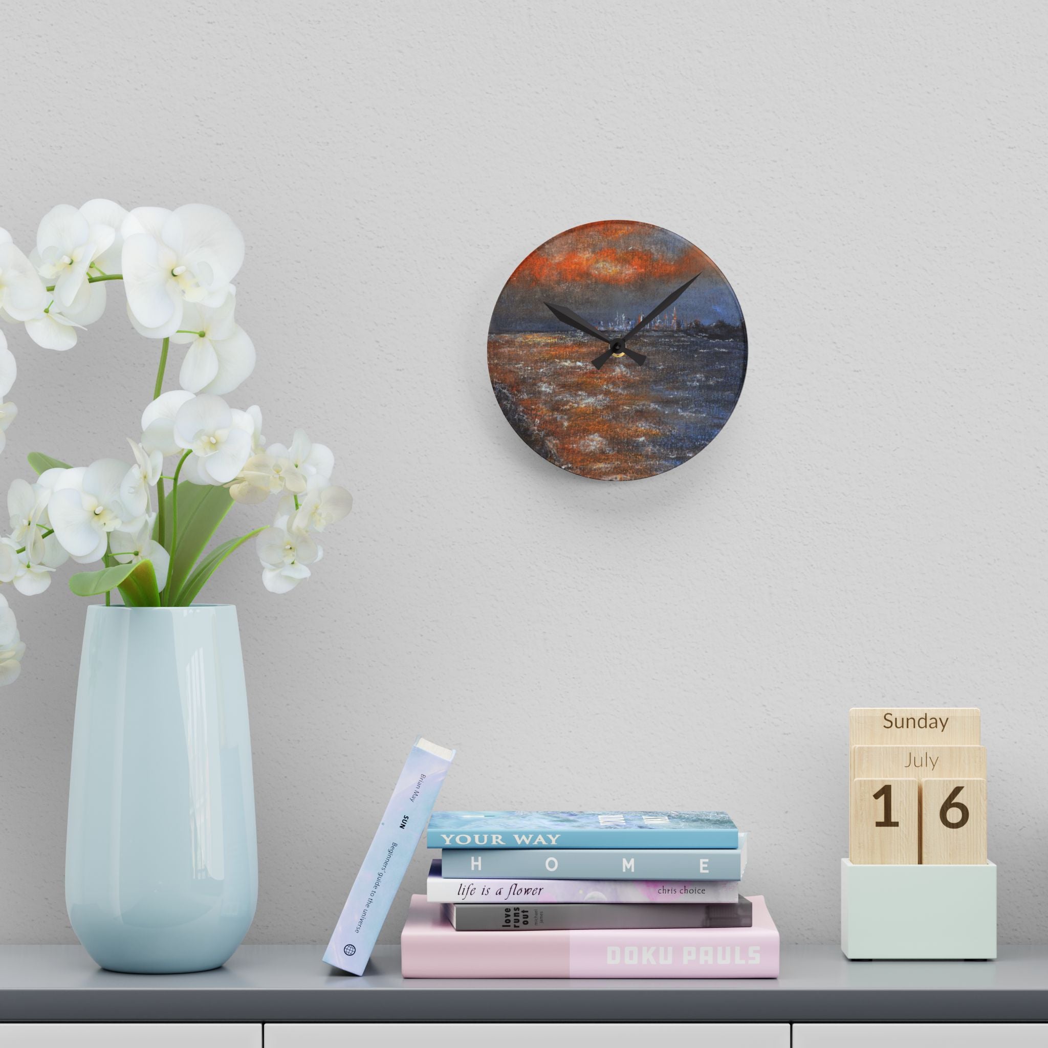 Abstract Seascape Acrylic Wall Clock — Moody Coastal Art Timepiece