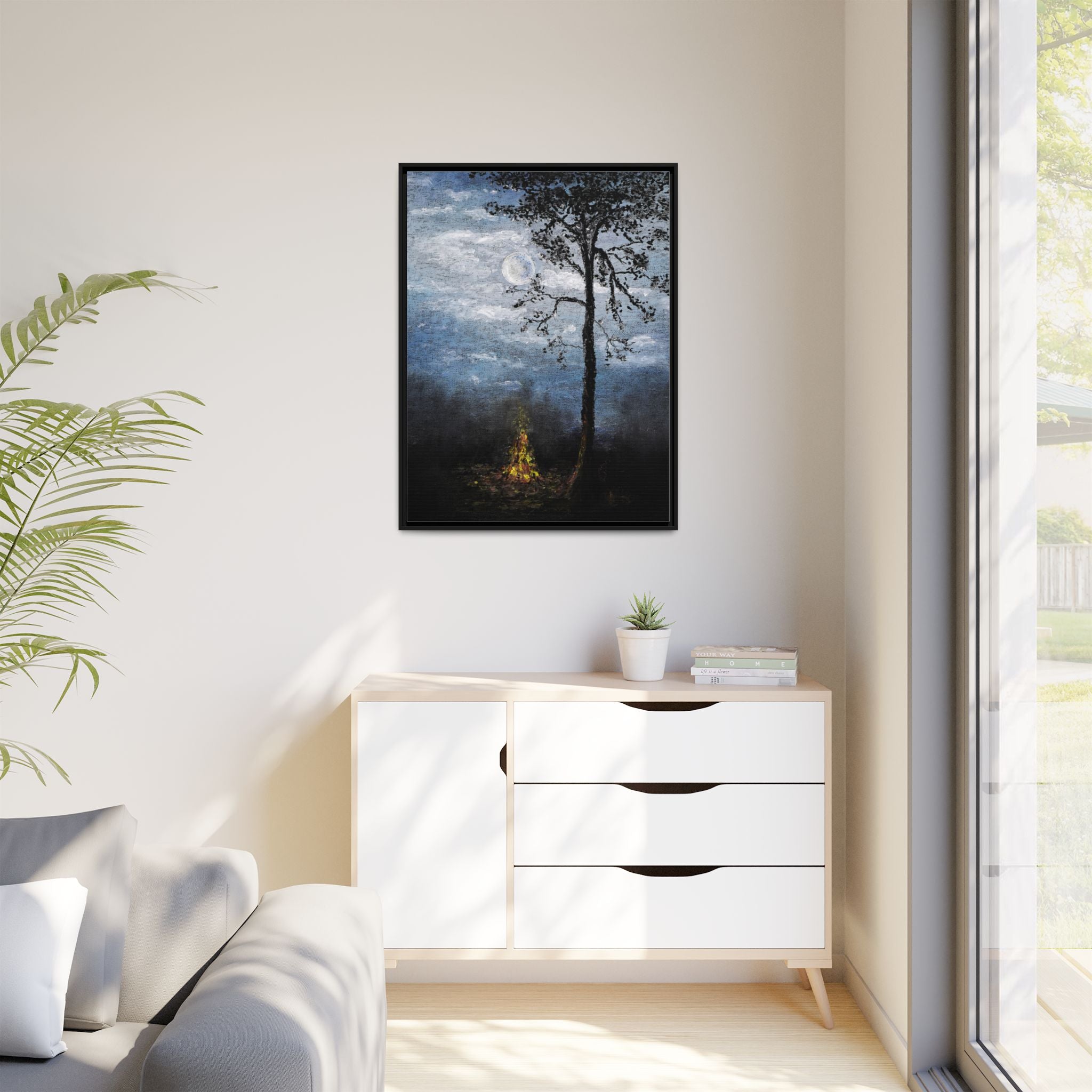 Framed Matte Canvas Print — Moonlit Campfire Landscape