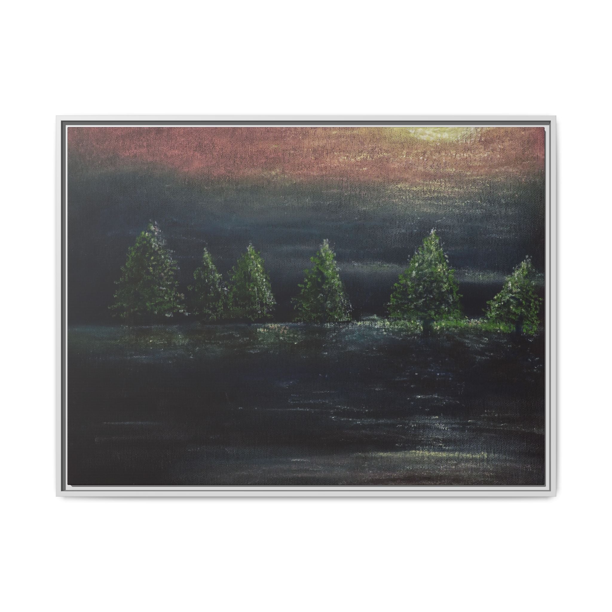 Framed Matte Canvas Wall Art — Moonlit Pine Trees Landscape