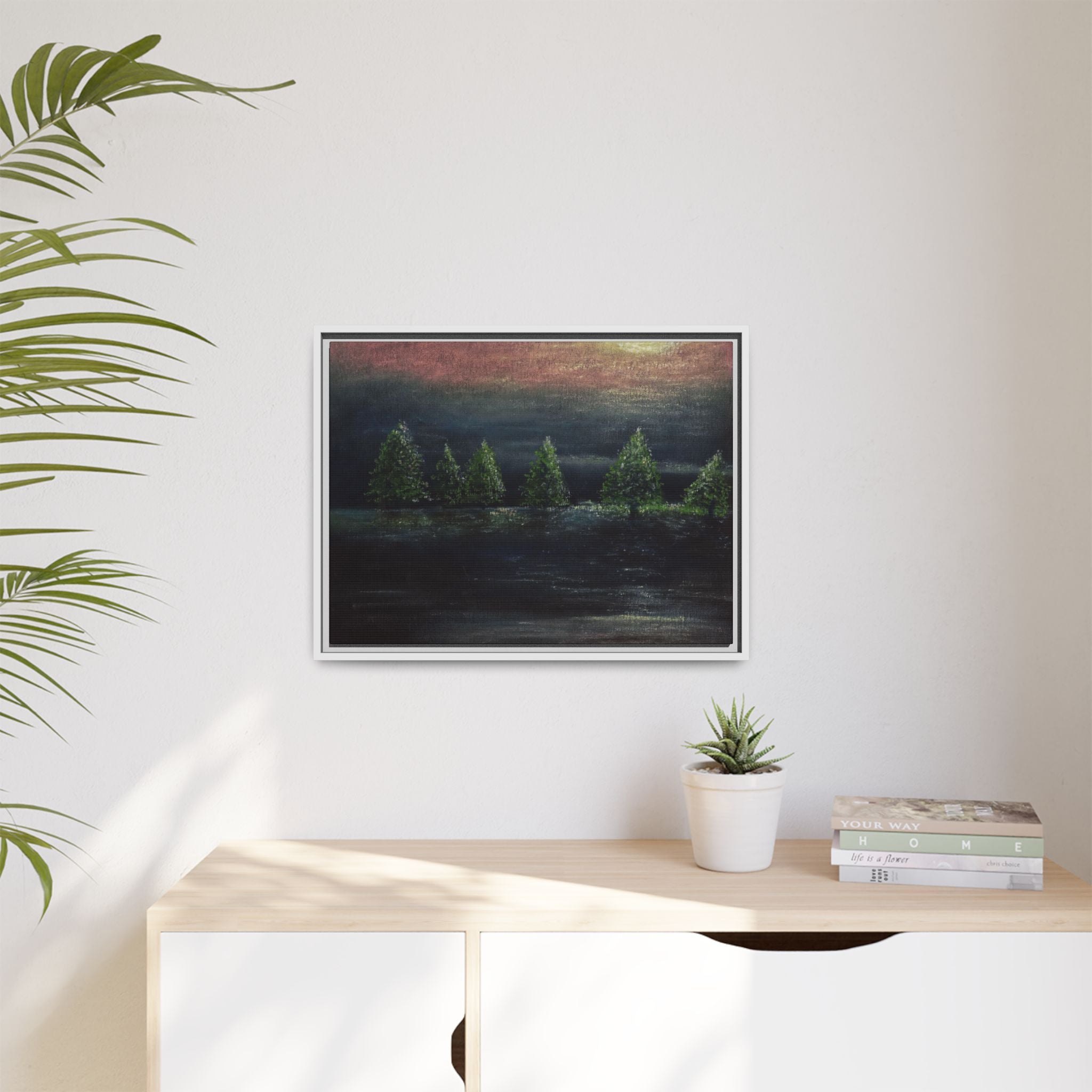 Framed Matte Canvas Wall Art — Moonlit Pine Trees Landscape