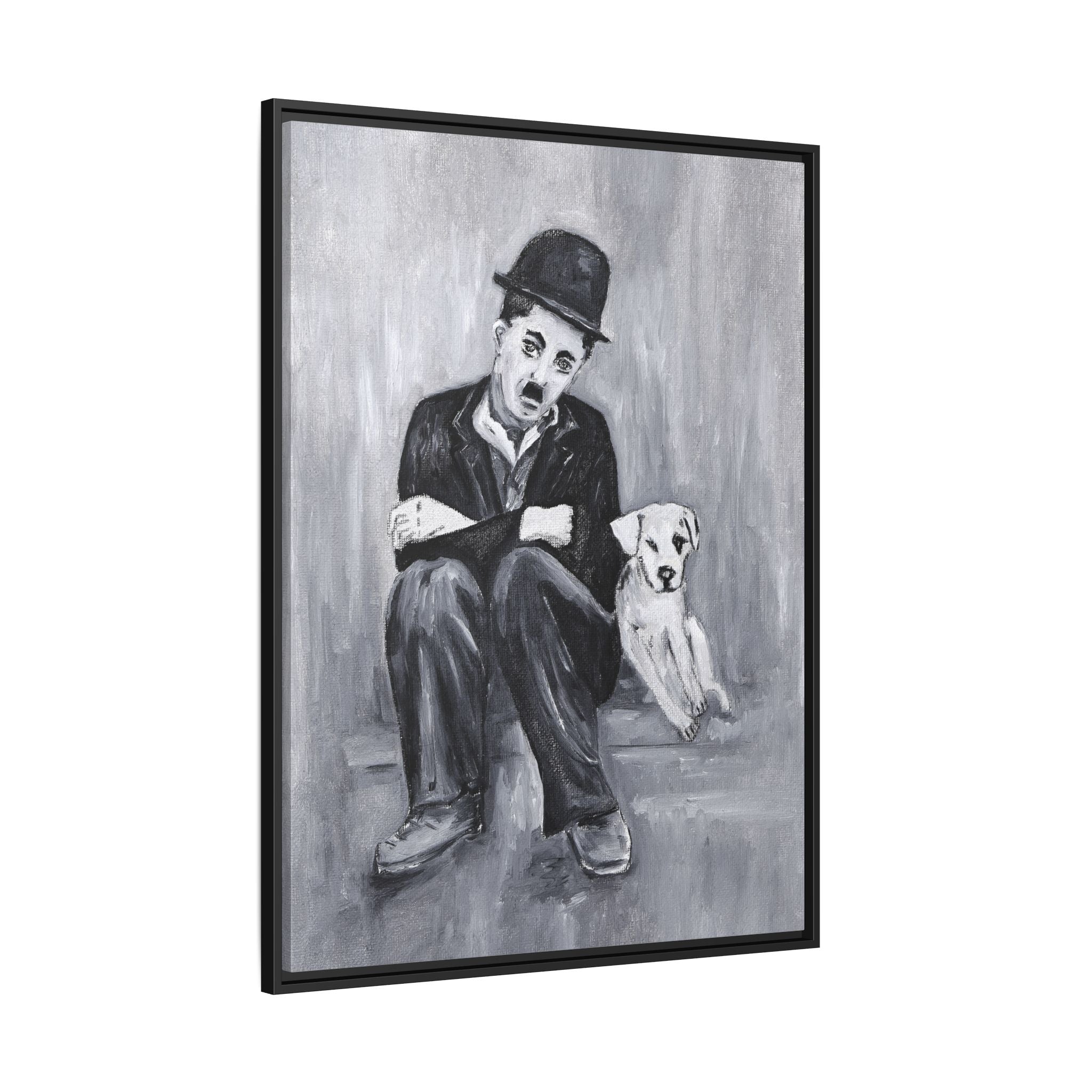 Charlie Chaplin & Dog Matte Framed Canvas Print — Vintage Black & White Wall Art