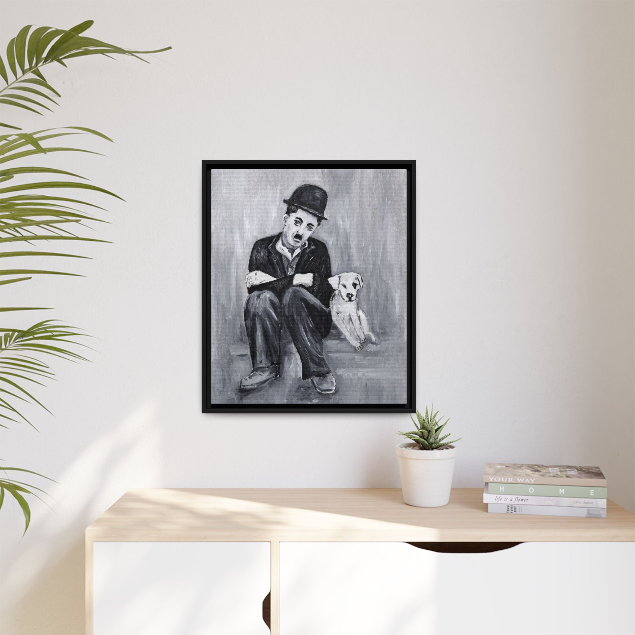 Charlie Chaplin & Dog Matte Framed Canvas Print — Vintage Black & White Wall Art