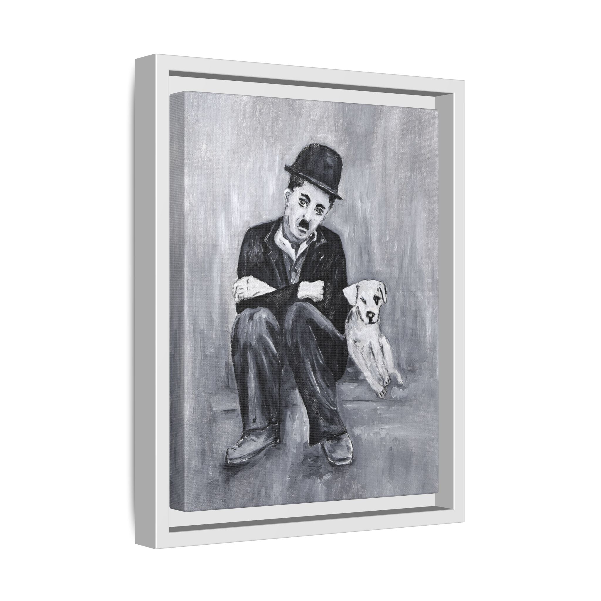 Charlie Chaplin & Dog Matte Framed Canvas Print — Vintage Black & White Wall Art
