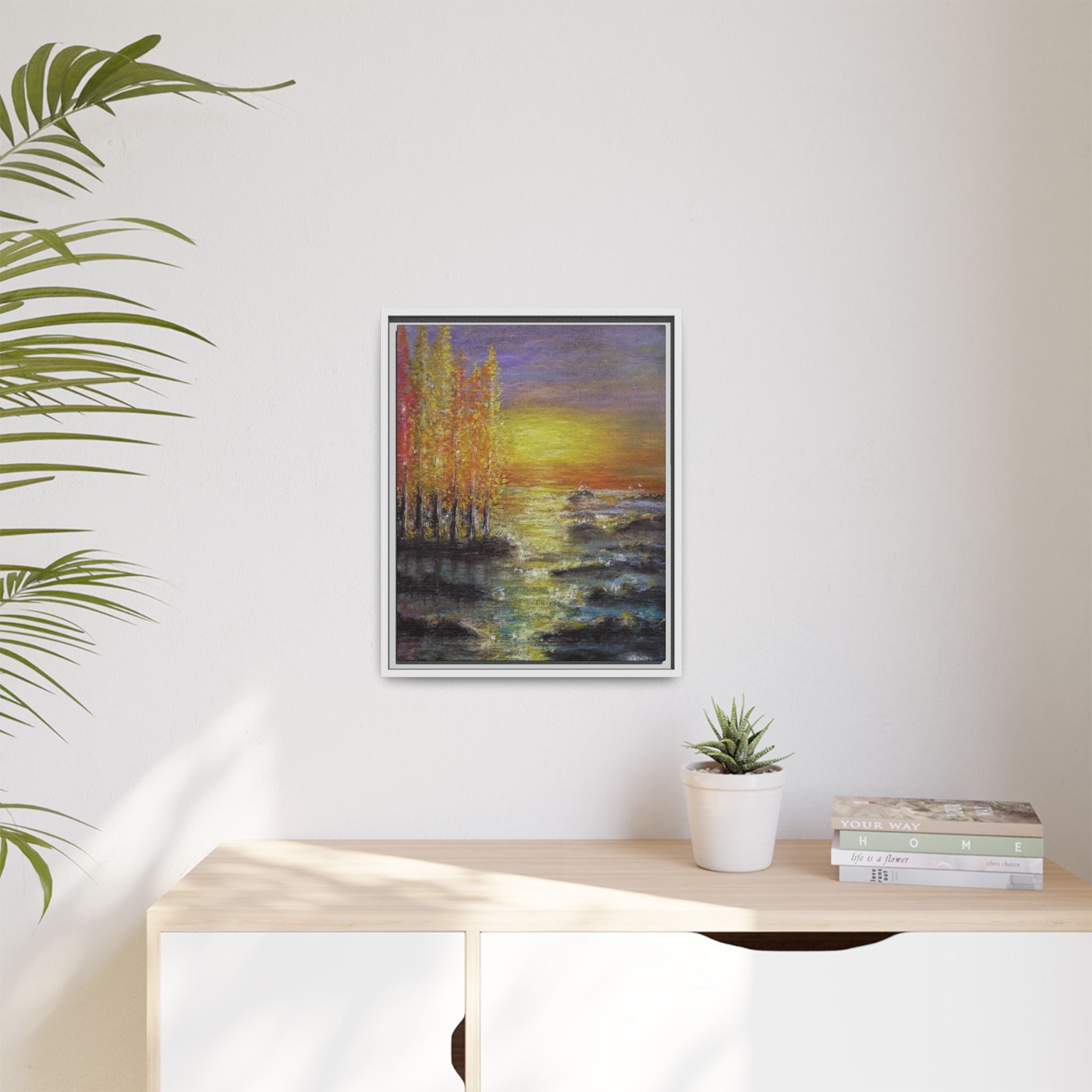 Tranquil Sunset Lake - Framed Matte Canvas Art Print