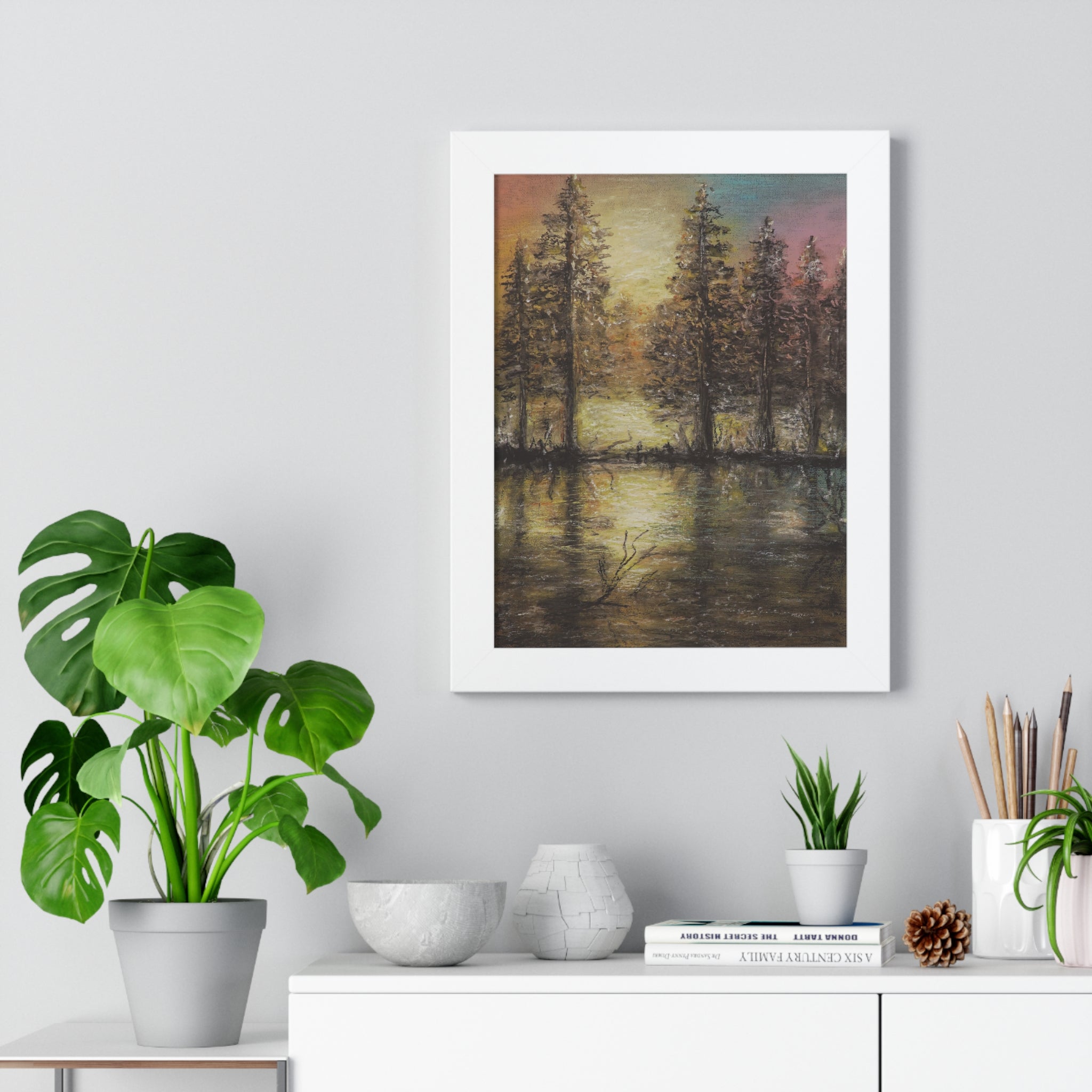 Framed Poster - Tranquil Forest Lake Sunset Art Print