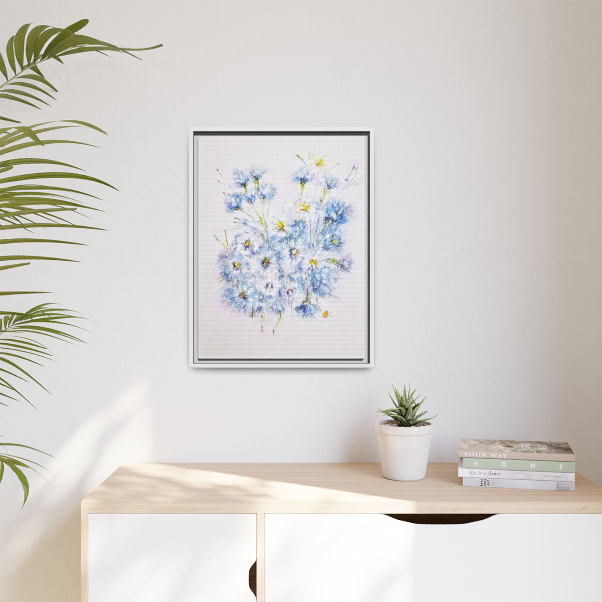 Blue Wildflower Watercolor Canvas Print — Framed Matte Wall Art