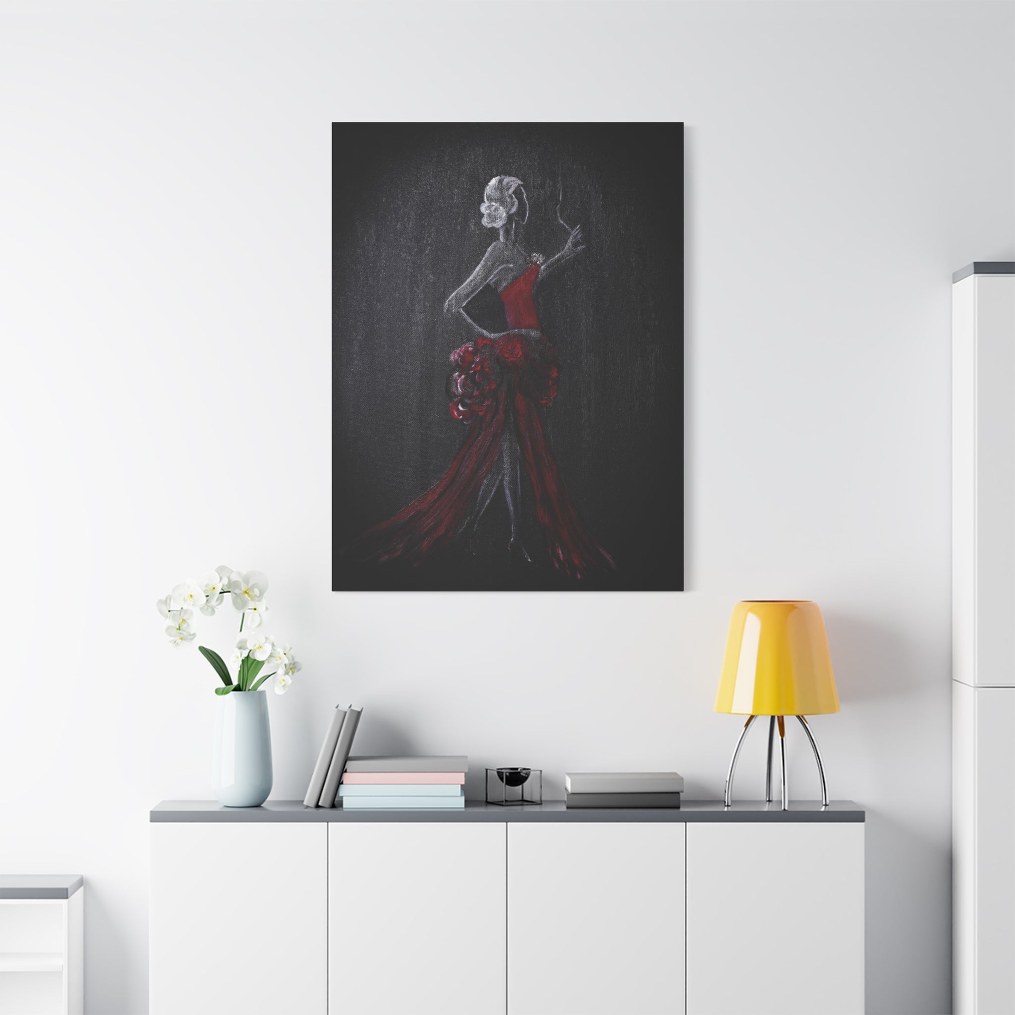 Canvas printed after an original artwork in oil colors of a woman in a red dress on a black background, displayed in a modern interior setting.