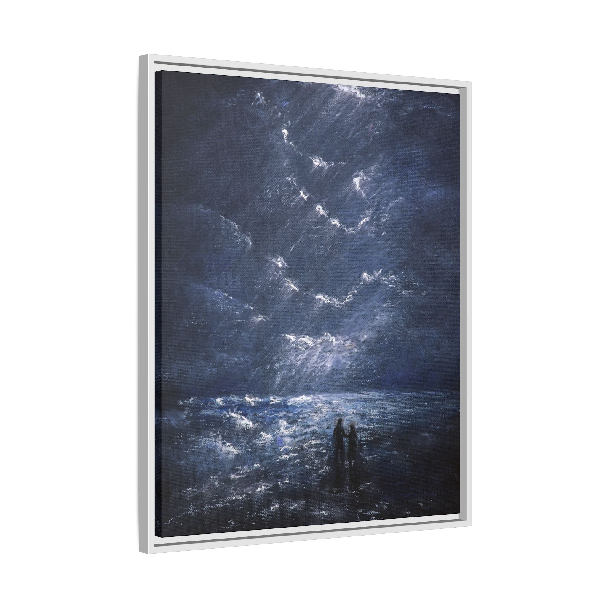 Couple on Shore at Night - Framed Canvas Art