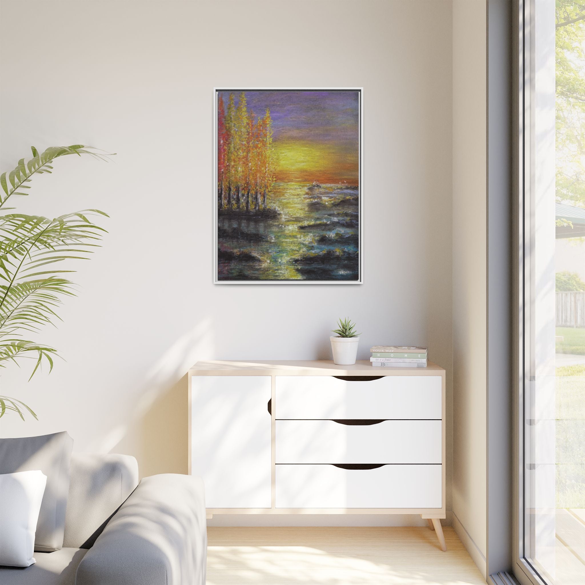 Tranquil Sunset Lake - Framed Matte Canvas Art Print