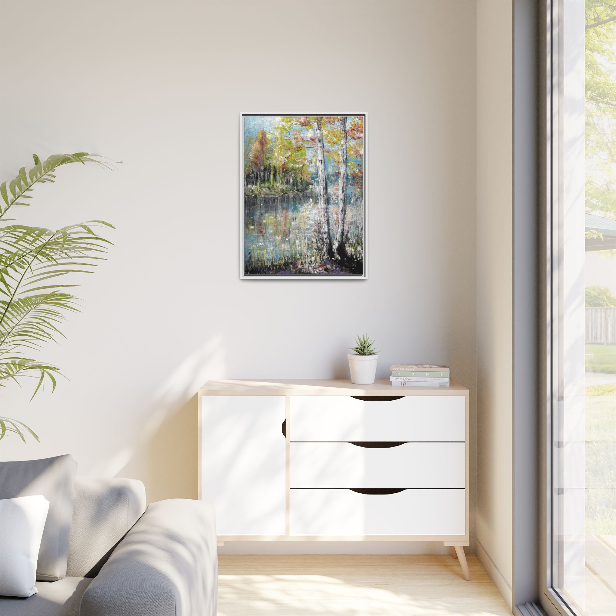 Framed Matte Canvas-Trees by the Lake