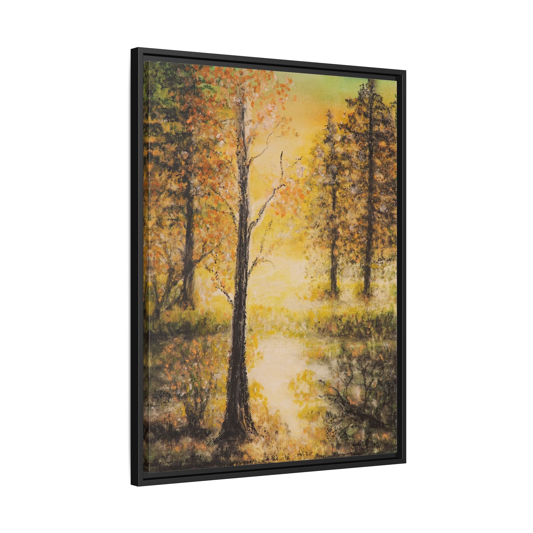 Framed Autumn Forest Canvas Print — Golden Lakeside Wall Art