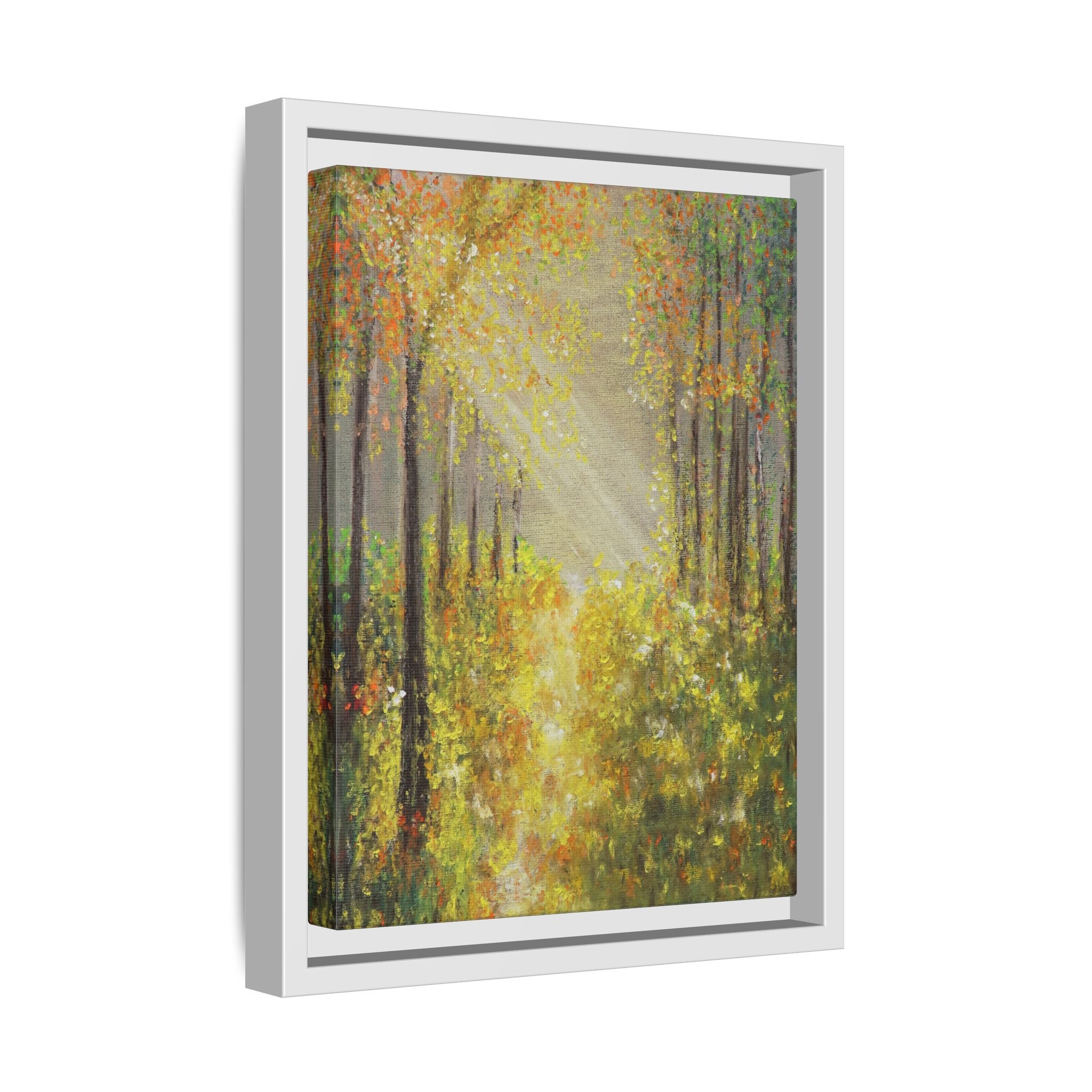 Sunlit Forest Path Framed Canvas Art — Autumn Woodland Wall Decor