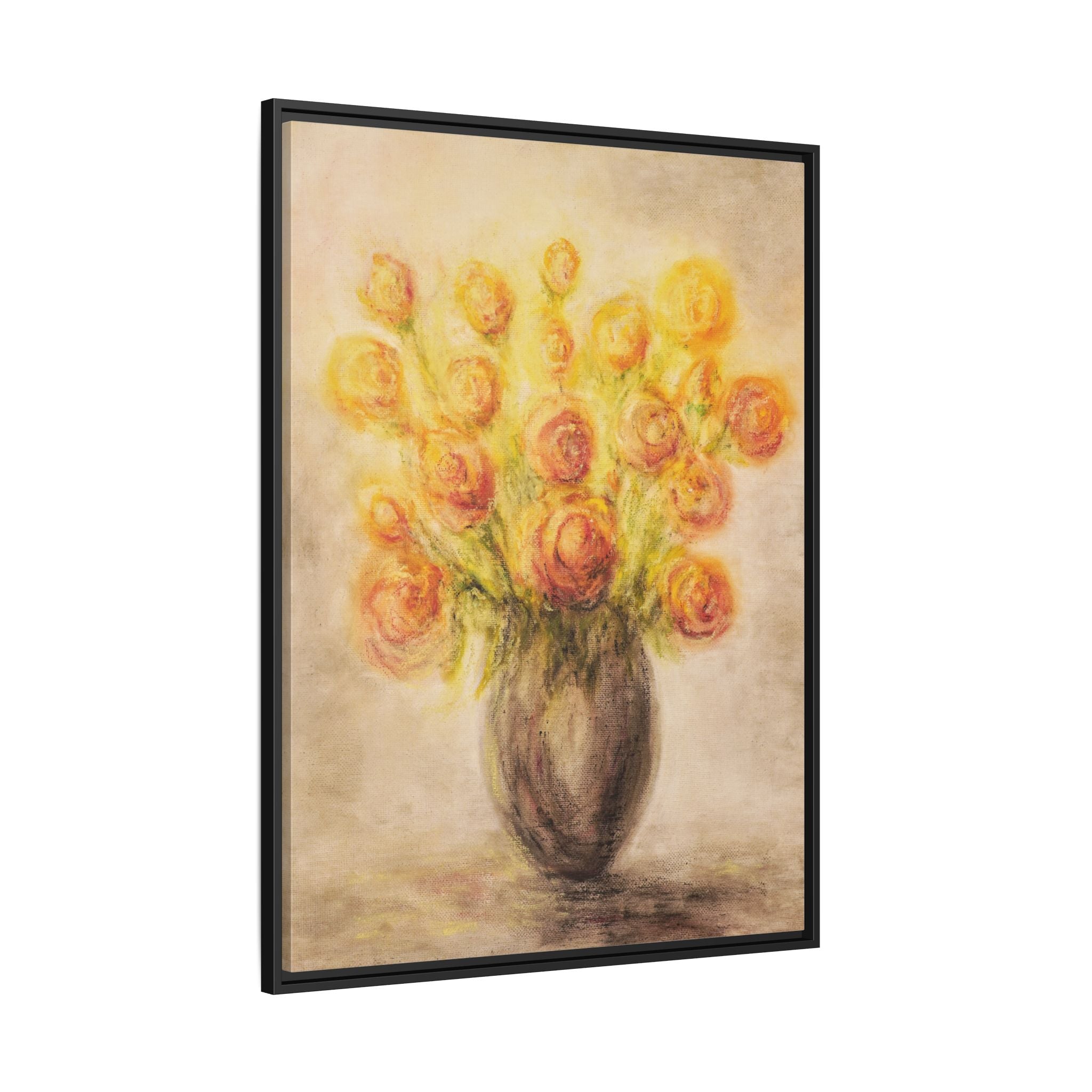 Framed Matte Canvas Floral Bouquet Wall Art — Yellow Rose Vase Print