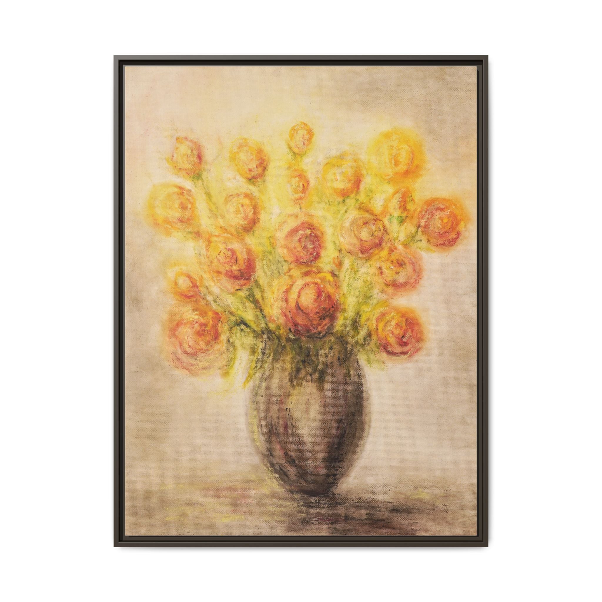 Framed Matte Canvas Floral Bouquet Wall Art — Yellow Rose Vase Print