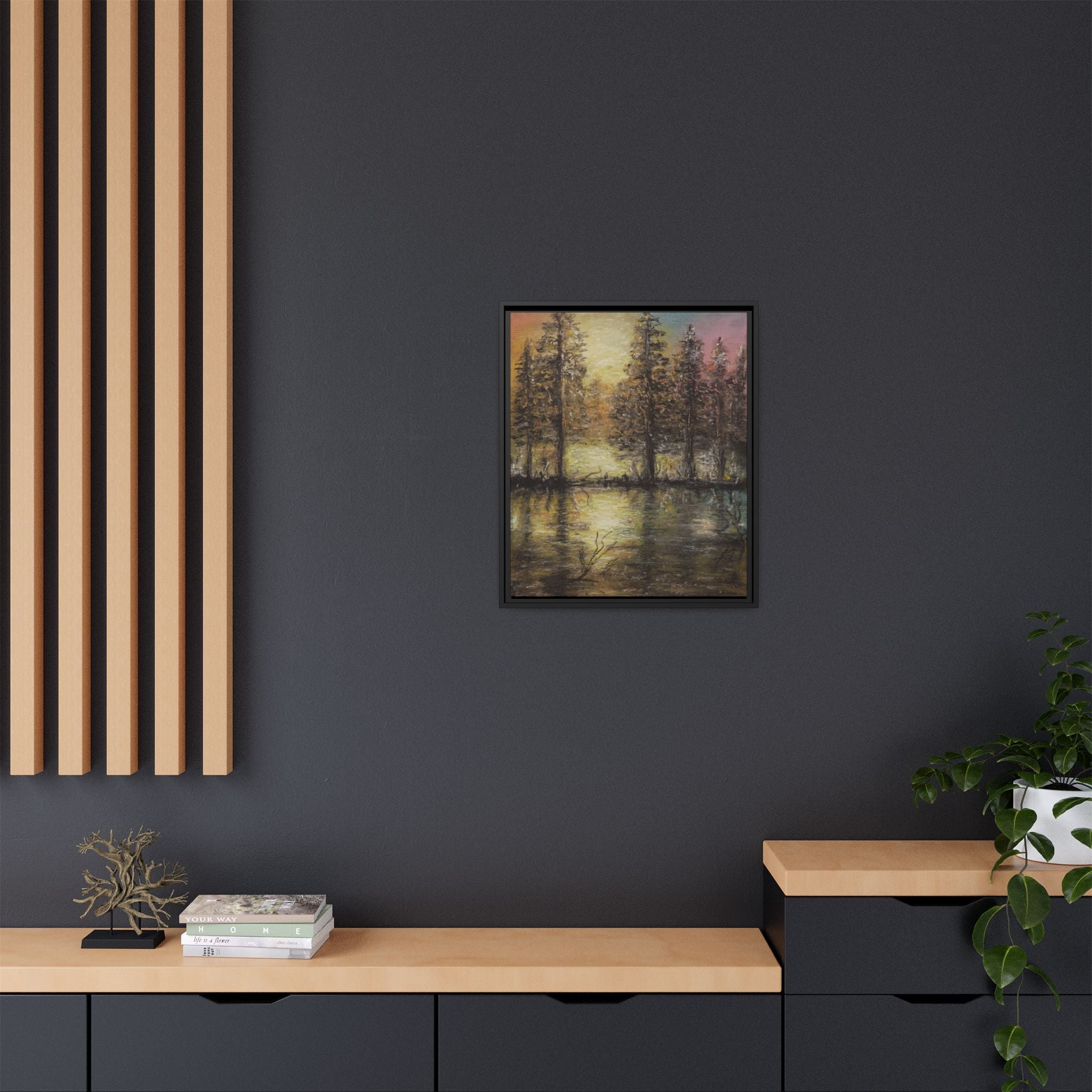 Framed Matte Canvas Wall Art — Sunset Forest Reflection