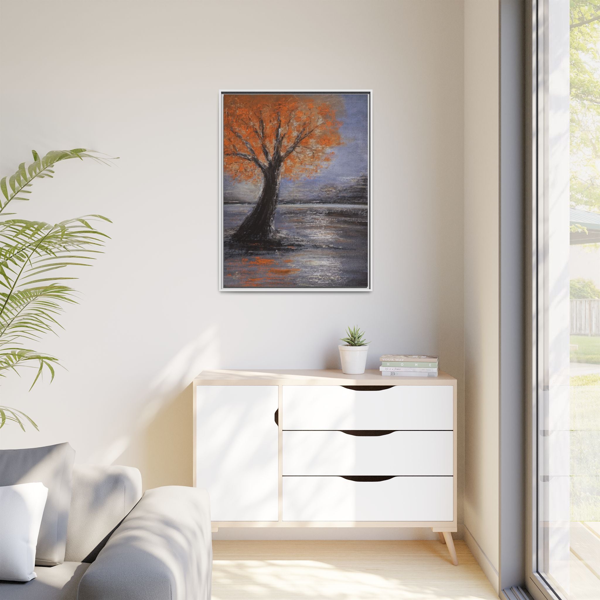 Framed Autumn Tree Canvas Print — Orange Tree Landscape Wall Art