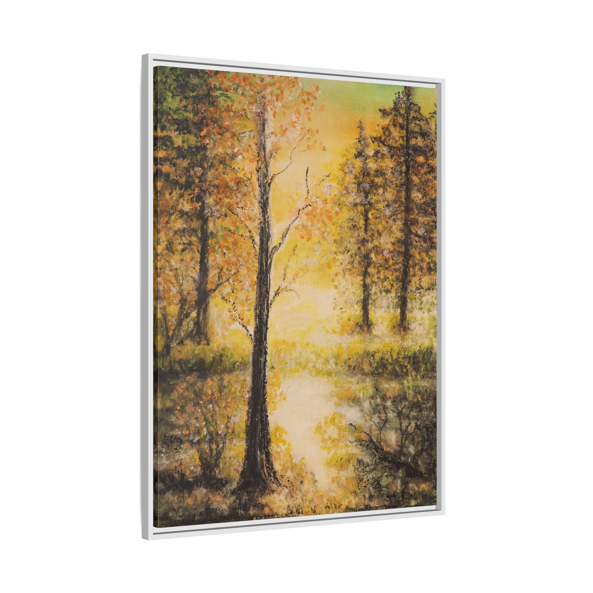 Framed Autumn Forest Canvas Print — Golden Lakeside Wall Art
