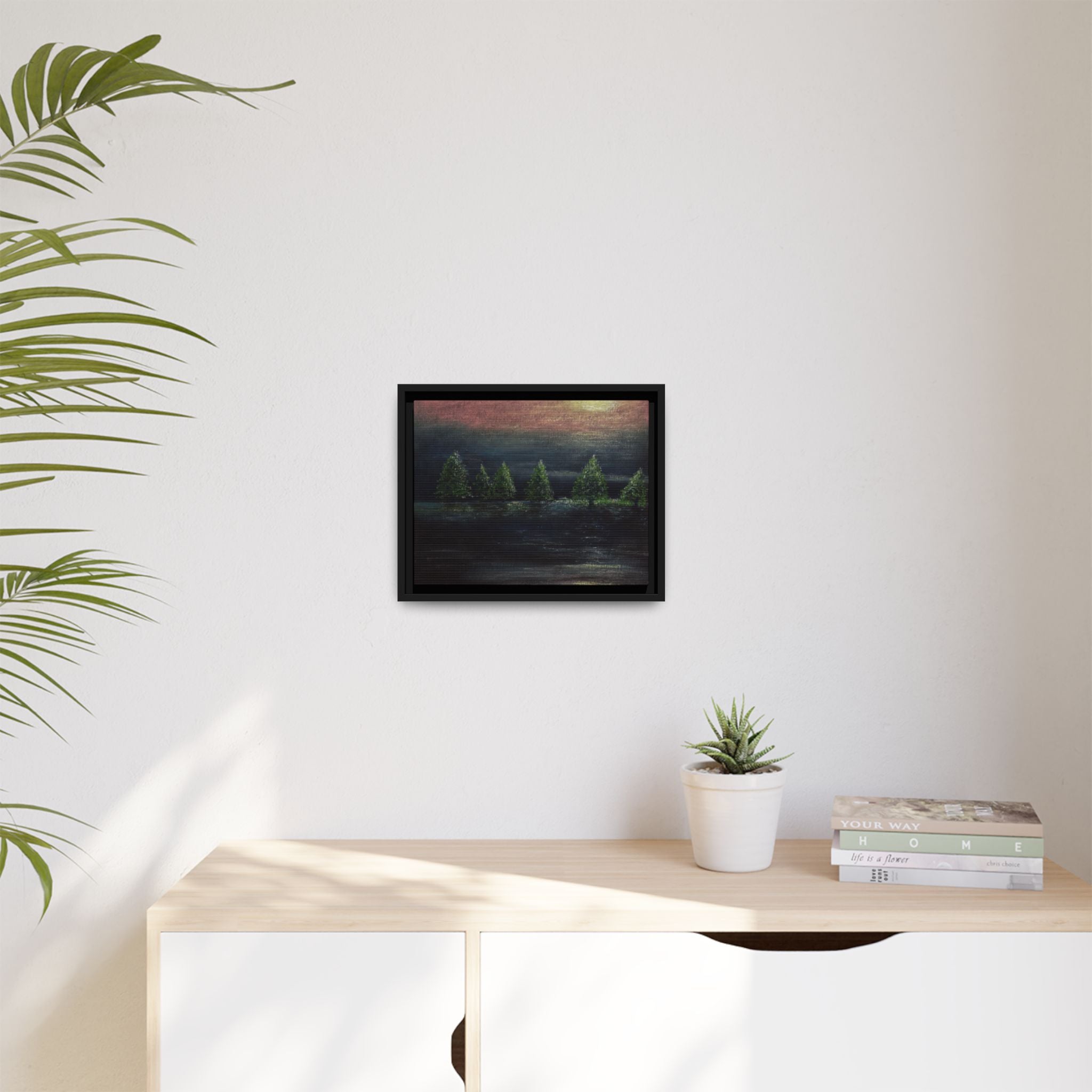 Framed Matte Canvas Wall Art — Moonlit Pine Trees Landscape