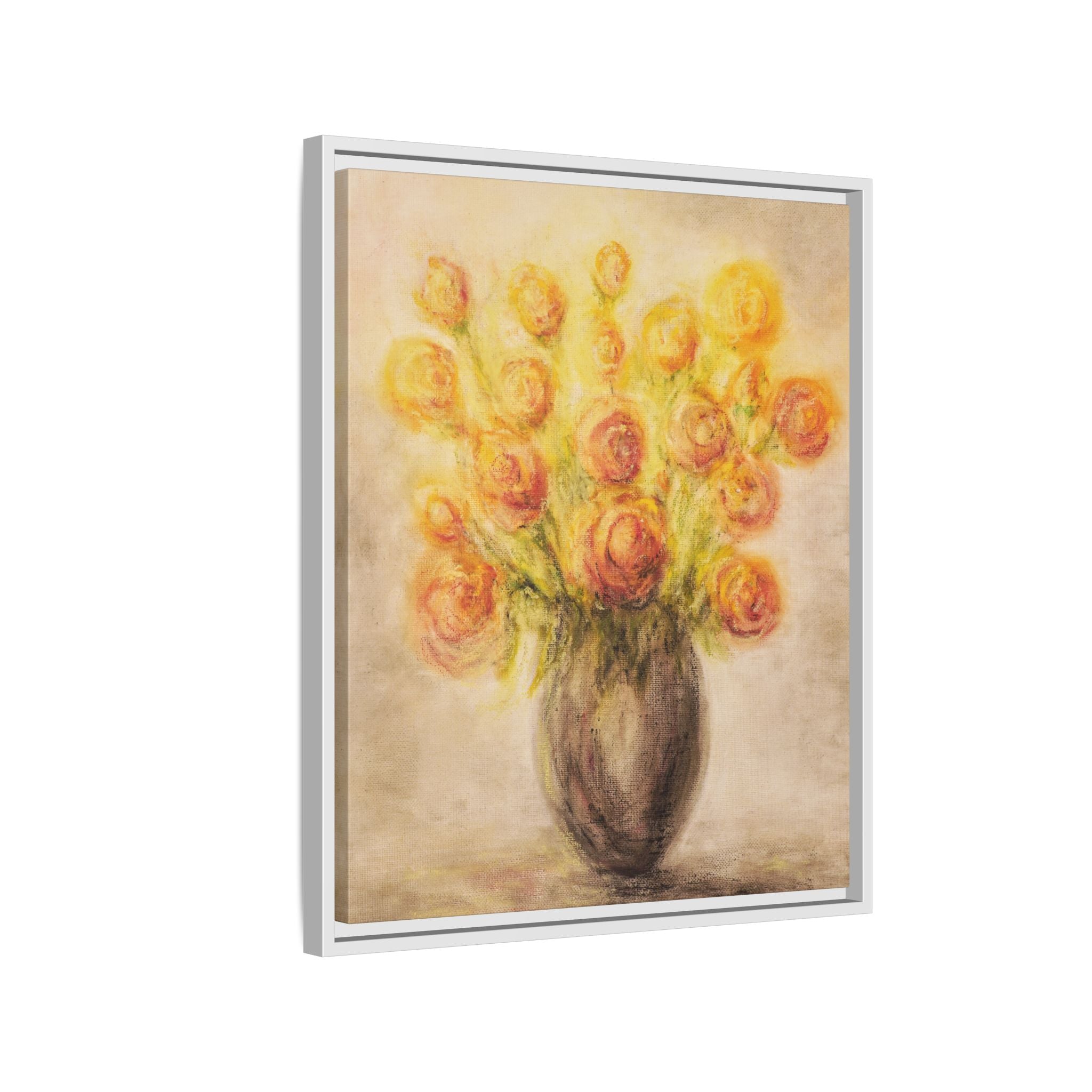 Framed Matte Canvas Floral Bouquet Wall Art — Yellow Rose Vase Print