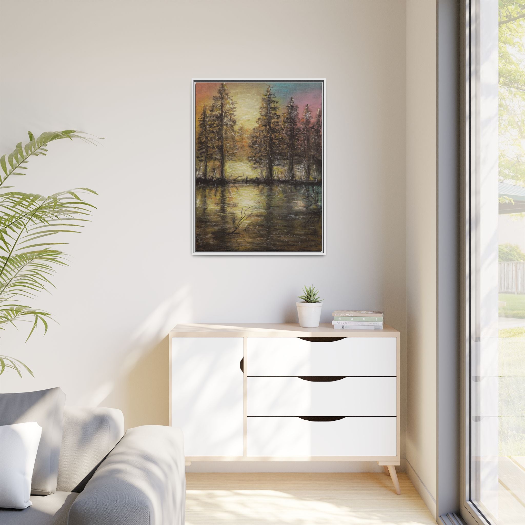 Framed Matte Canvas Wall Art — Sunset Forest Reflection