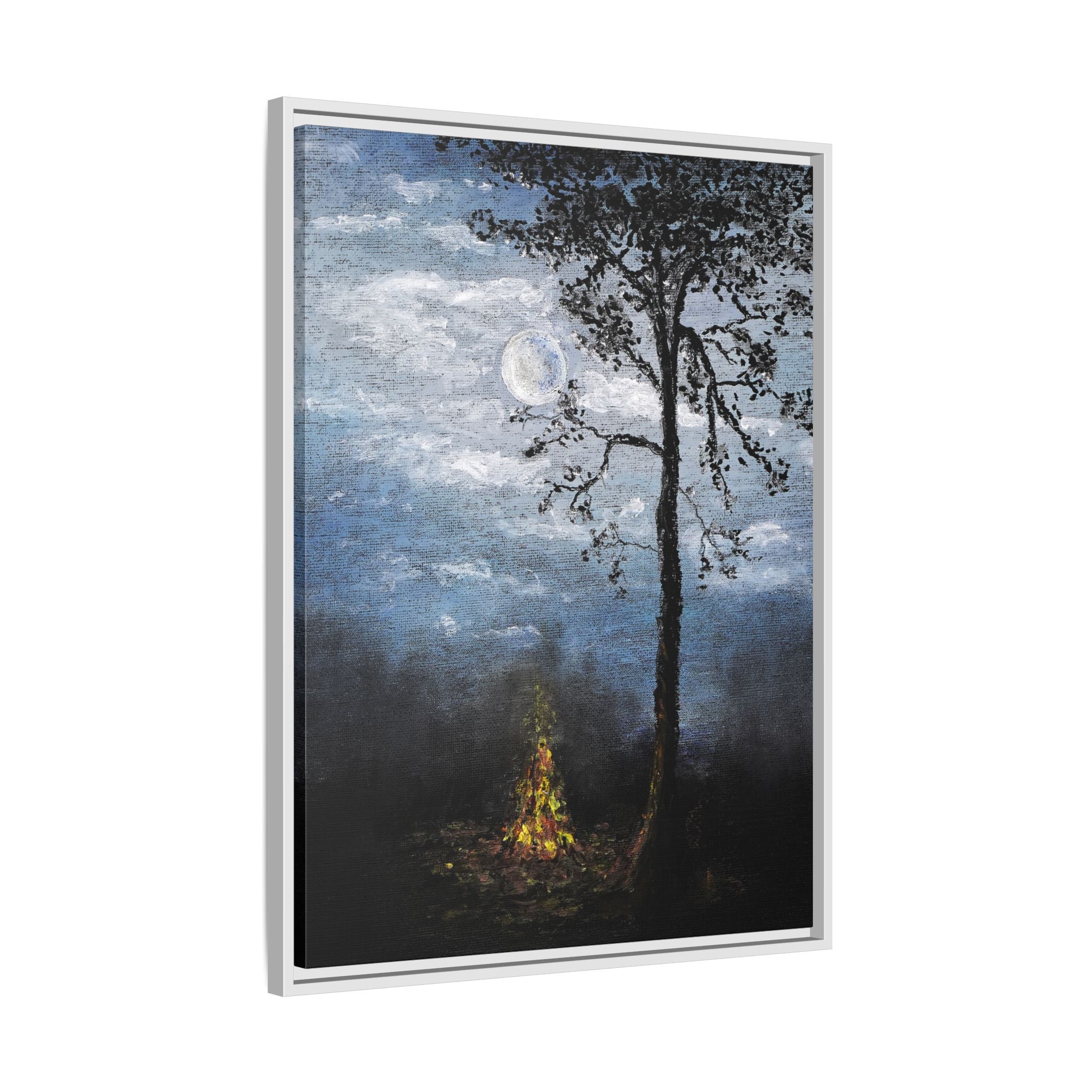Framed Matte Canvas Print — Moonlit Campfire Landscape