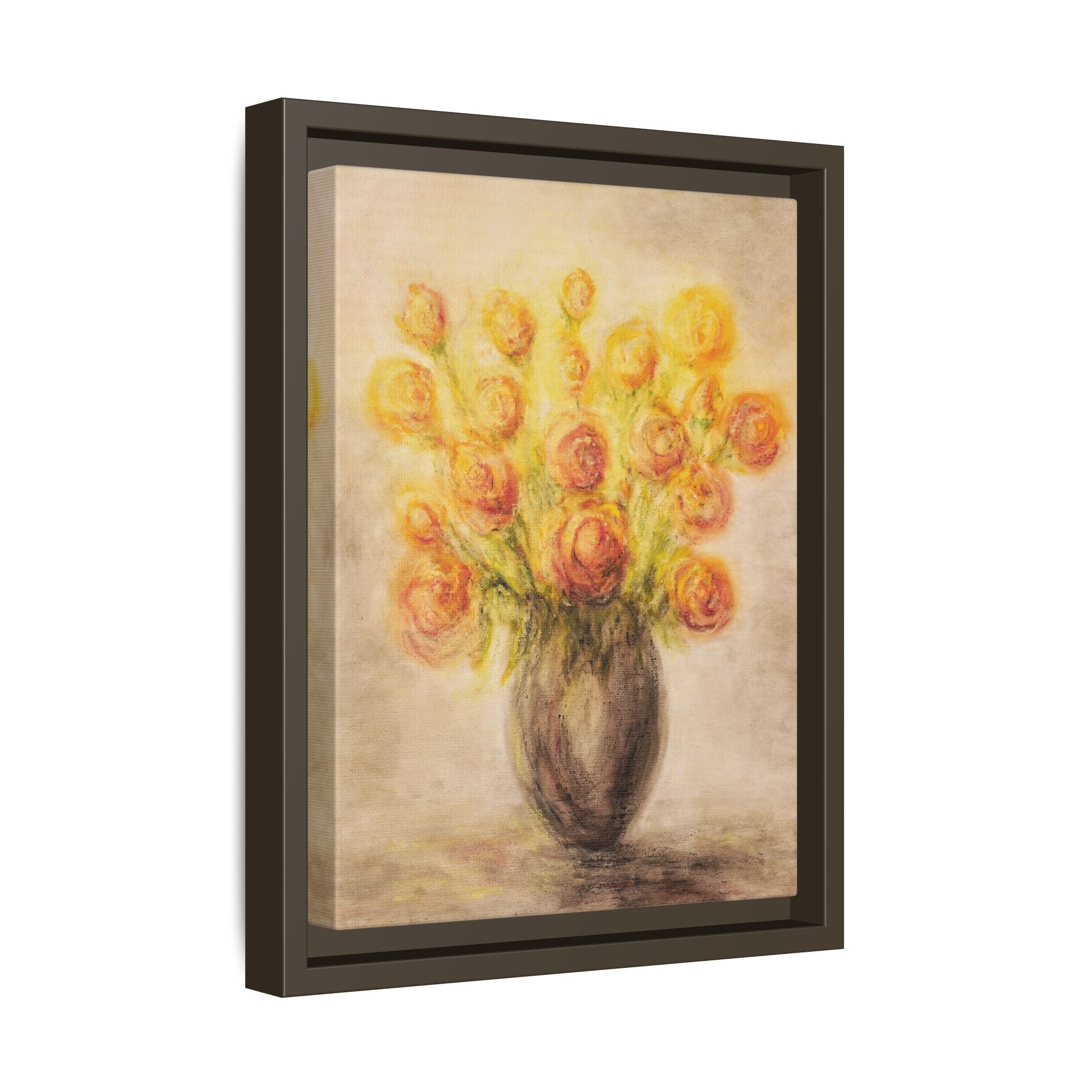 Framed Matte Canvas Floral Bouquet Wall Art — Yellow Rose Vase Print