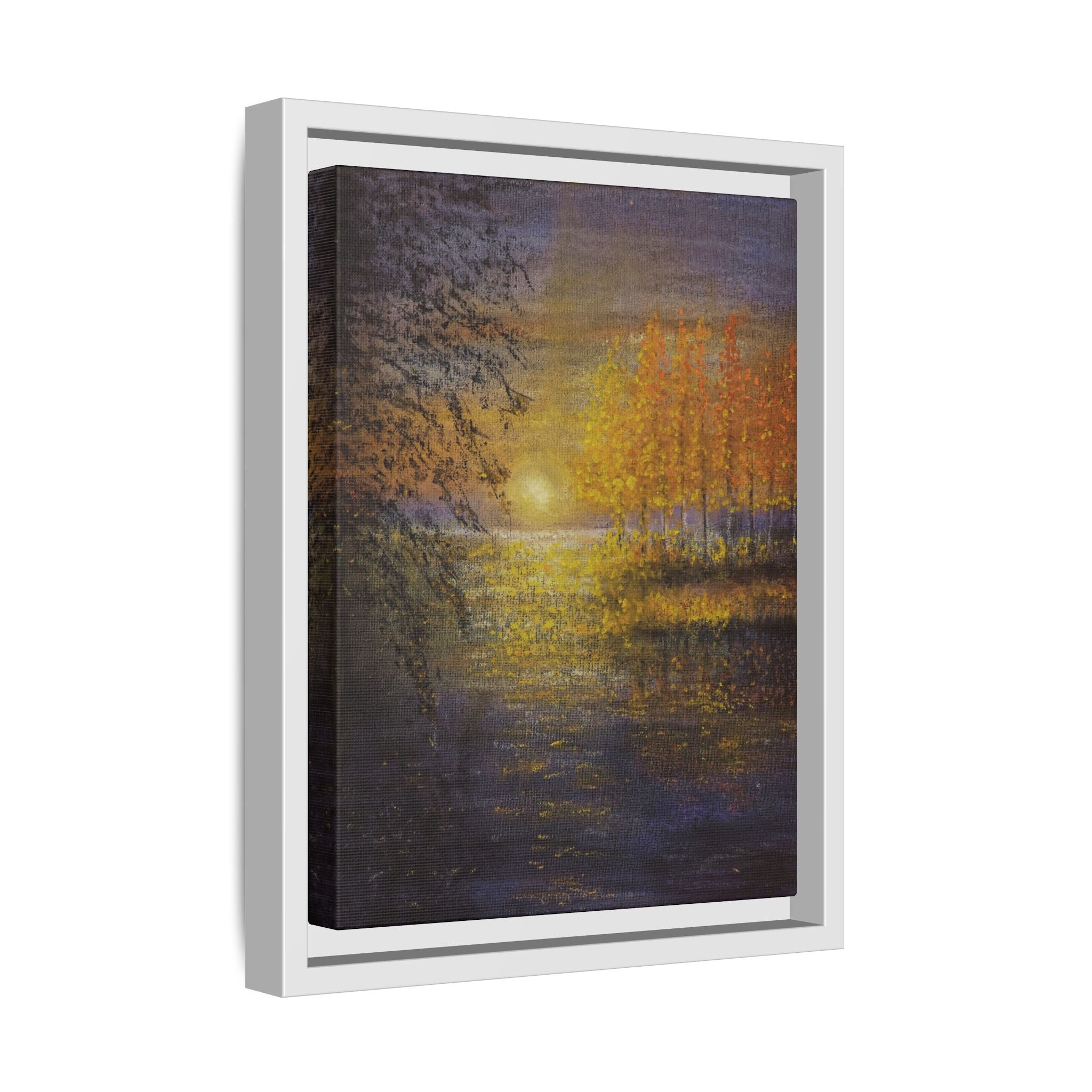 Framed Matte Canvas Painting - Golden Trees Over Tranquil Lake