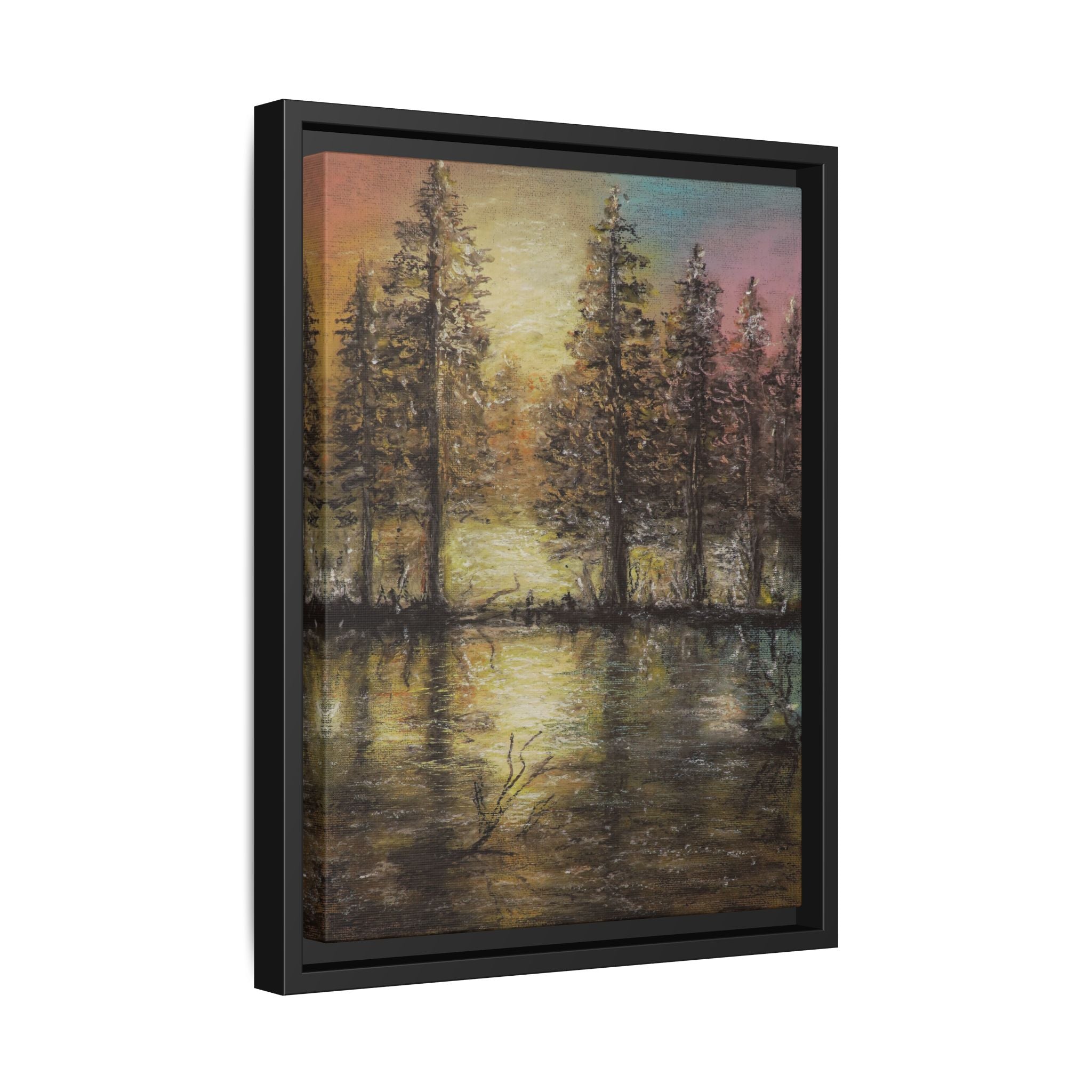 Framed Matte Canvas Wall Art — Sunset Forest Reflection